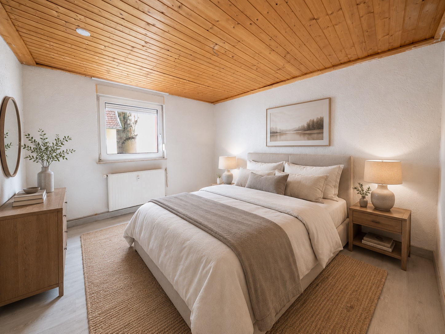 Gemütliches Schlafzimmer mit Doppelbett, Holzmöbeln, Teppich und Holzdecke.