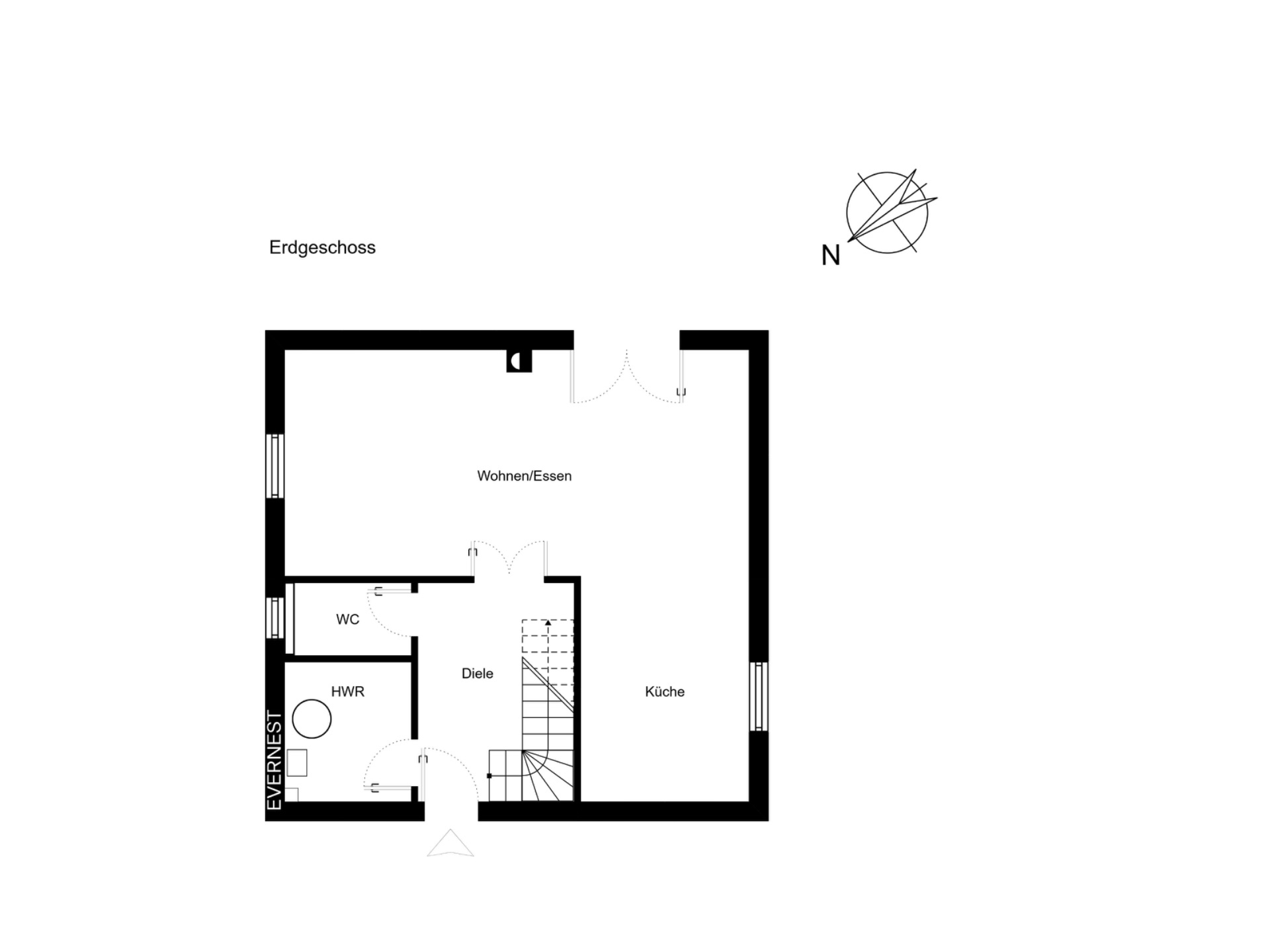 Grundriss des Erdgeschosses mit Wohnzimmer, Küche, WC und Hauswirtschaftsraum.
