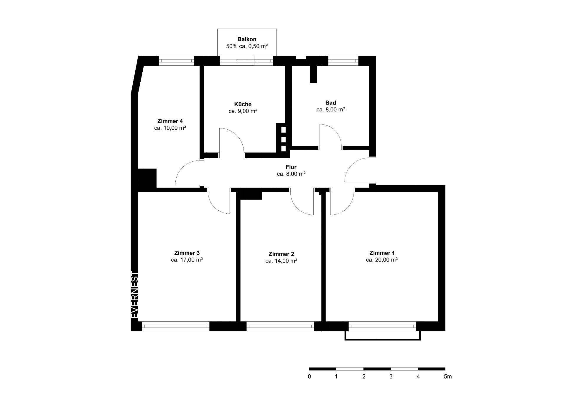 Grundriss einer Wohnung mit vier Zimmern, Küche, Bad, Flur und Balkon.