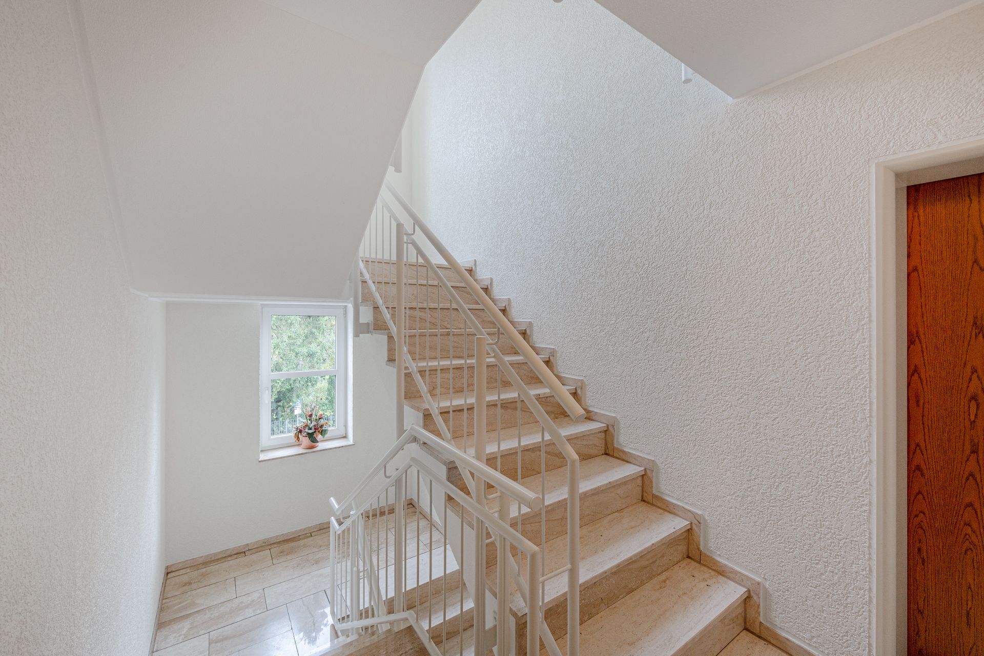 Helles Treppenhaus mit beigen Stufen, Fenster und einer Topfpflanze auf der Fensterbank.