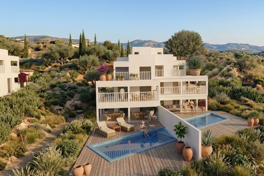 Modernes weißes Wohnhaus mit Balkon, Pool und Liegestühlen inmitten von grüner Landschaft.