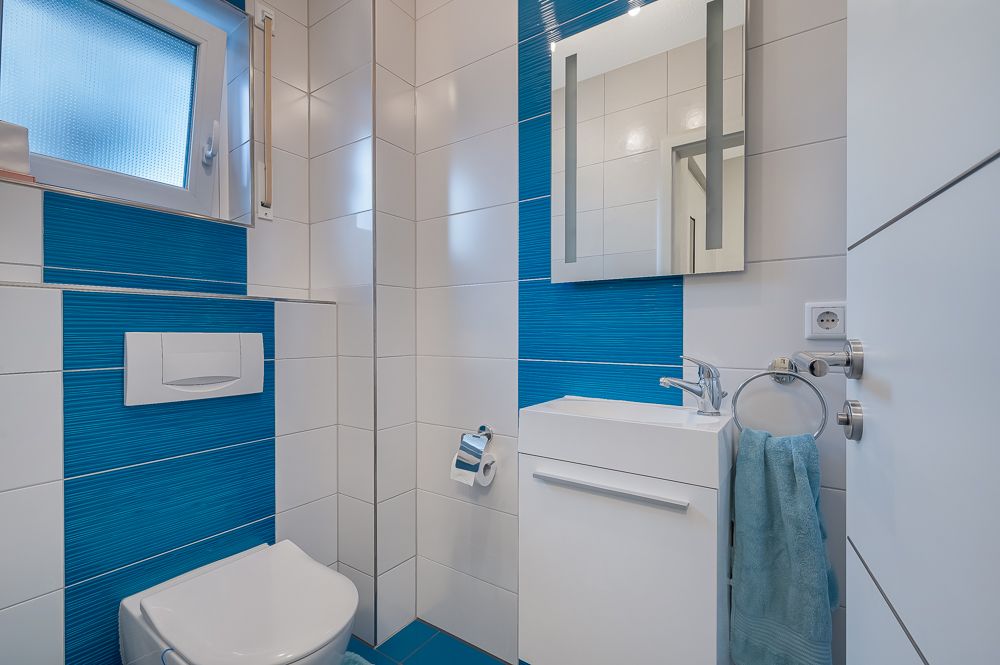 Kleines Badezimmer mit Toilette, Waschbecken, Spiegel und blau-weißen Fliesen.
