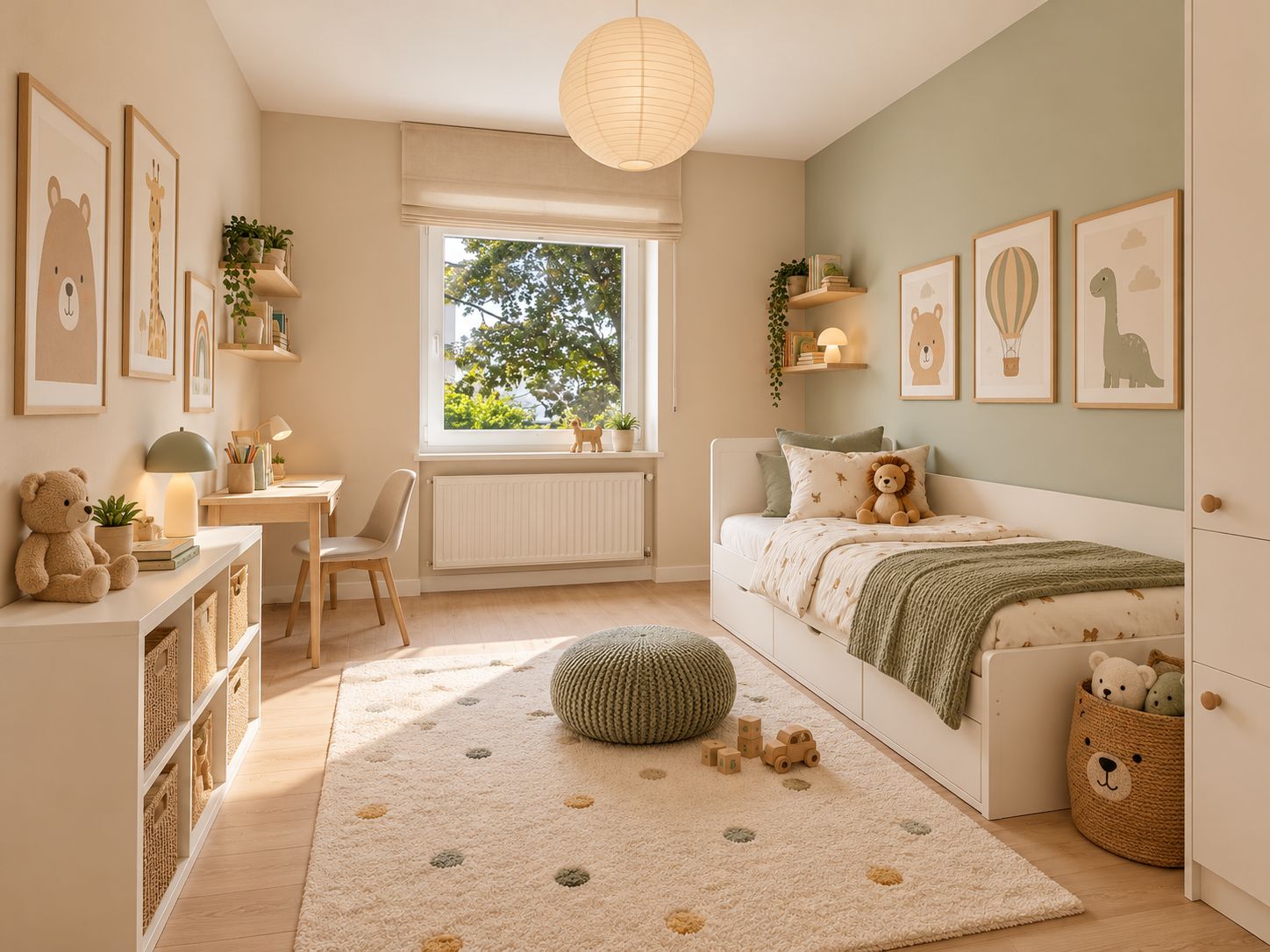 Helles Kinderzimmer mit Bett, Schreibtisch, Regalen, Spielzeug und Fenster im Hintergrund.