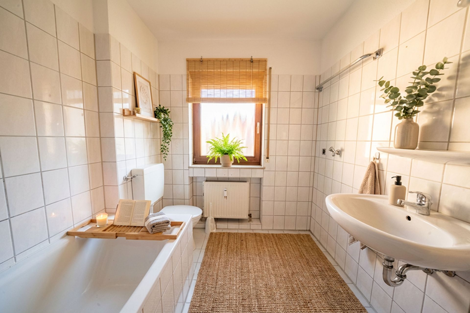 Helles Badezimmer mit Badewanne, Waschbecken, Fenster und Pflanzen auf Ablagen.