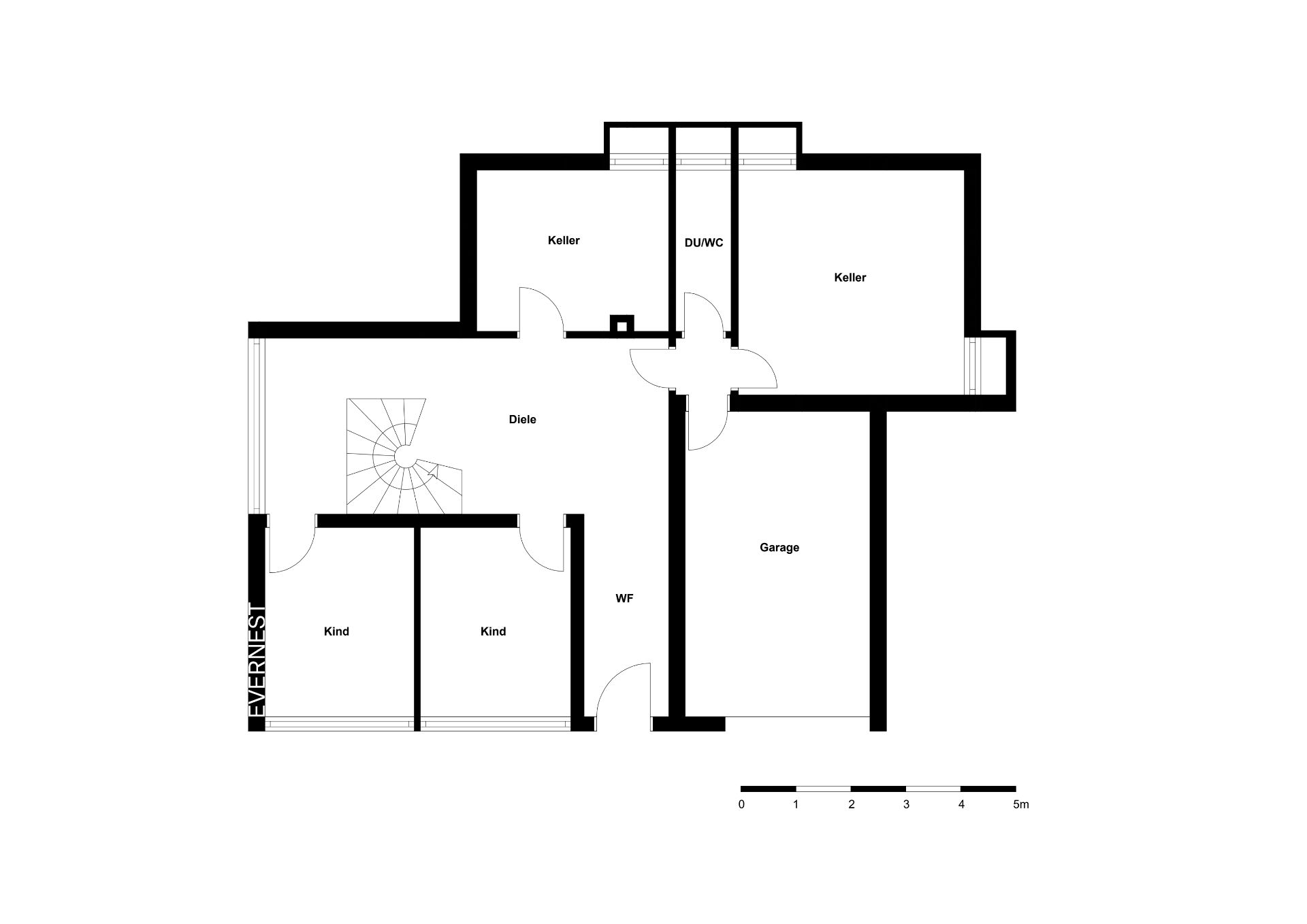 Grundriss eines Wohnhauses mit Garage, zwei Kellerräumen, zwei Kindzimmern und Diele.