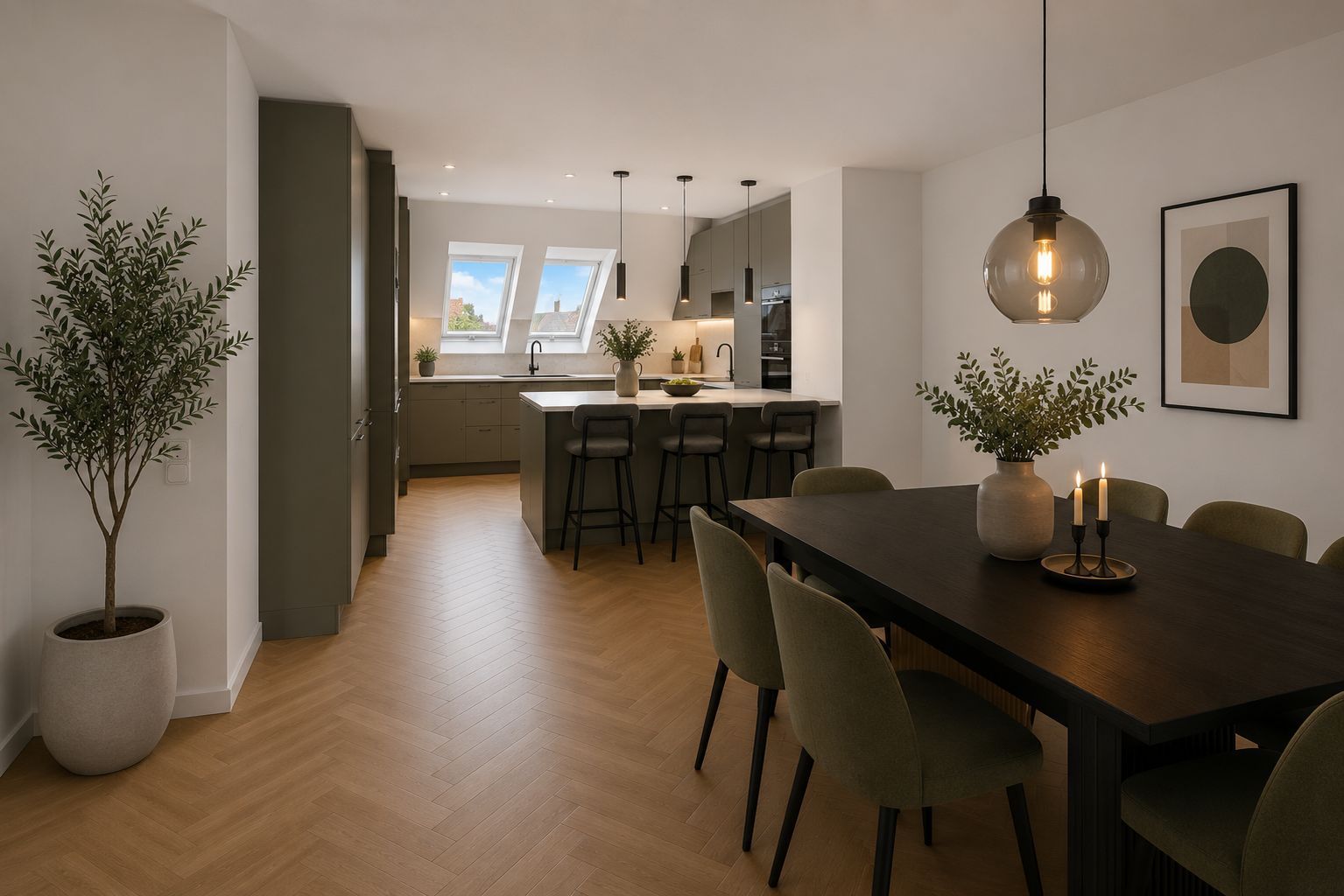 Moderne Küche mit Kochinsel und Essbereich, Holzboden und Pflanzen in Töpfen.