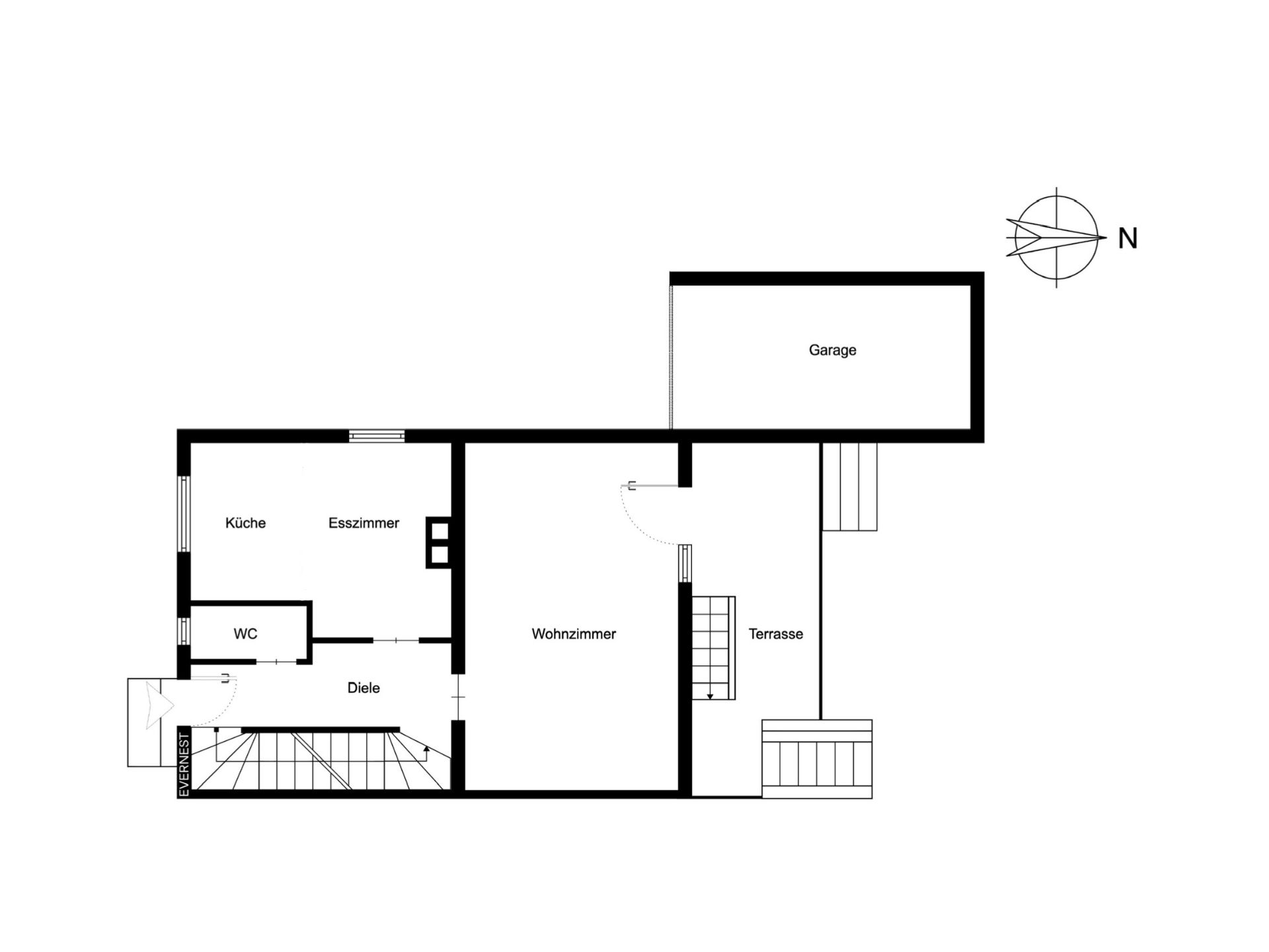 Grundriss mit Wohnzimmer, Küche, Esszimmer, WC, Diele, Terrasse und Garage.