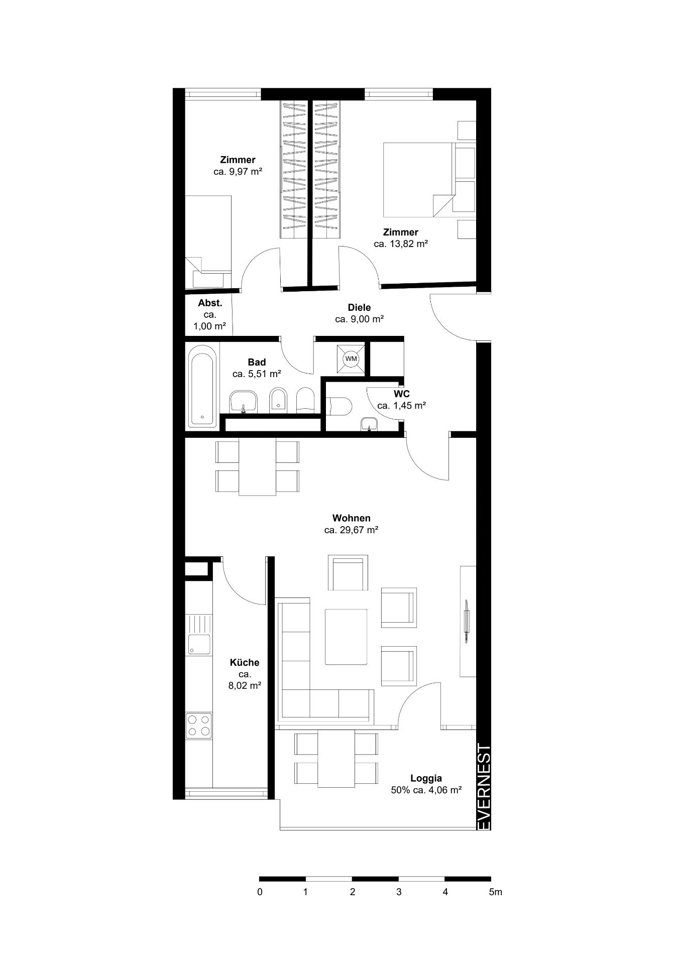Grundriss einer Wohnung mit zwei Zimmern, Küche, Bad, WC, Abstellraum und Loggia.