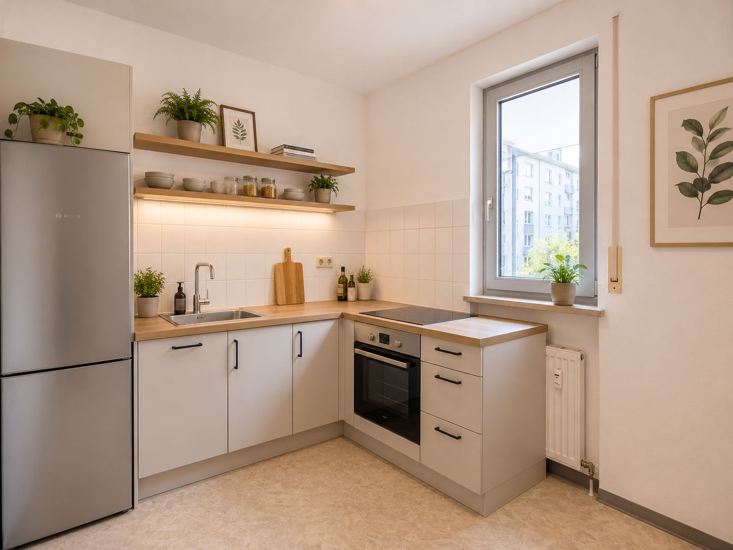 Moderne Küche mit hellen Schränken, Holzarbeitsplatte, offenem Regal und großem Fenster.