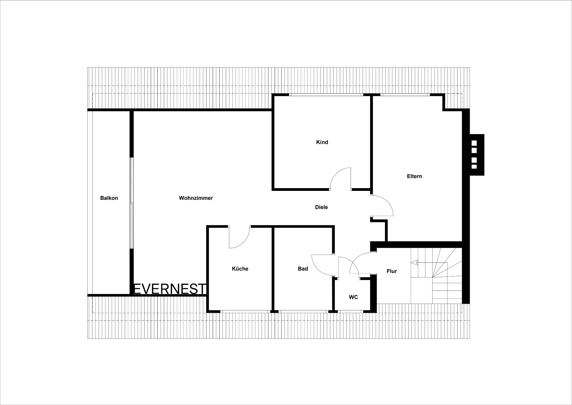 Grundriss einer Wohnung mit Wohnzimmer, Balkon, Küche, Bad, WC, Kind- und Schlafzimmer.
