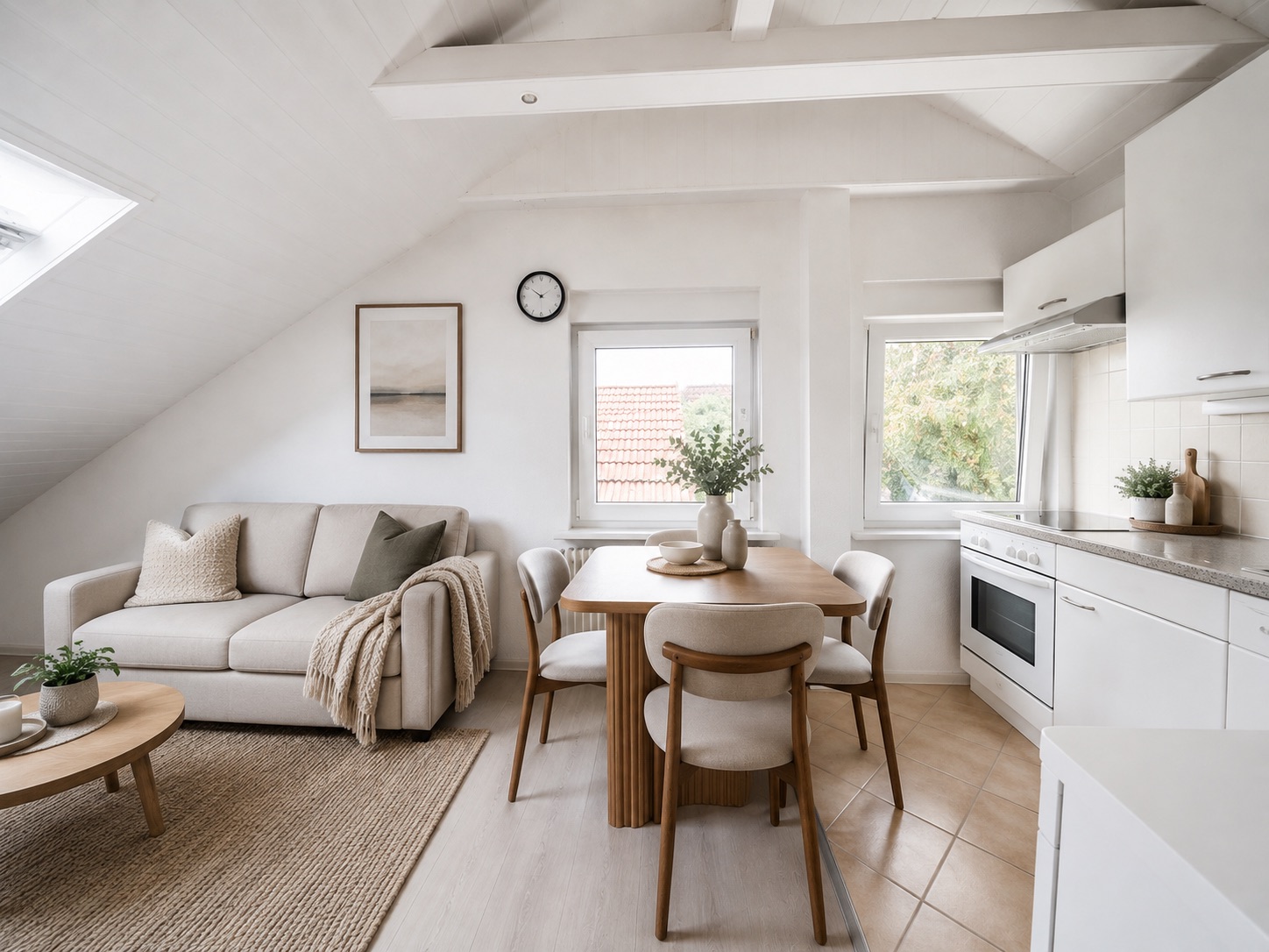 Helles Wohnzimmer mit Sofa, Esstisch, Stühlen und offener Küche in modernem Stil.