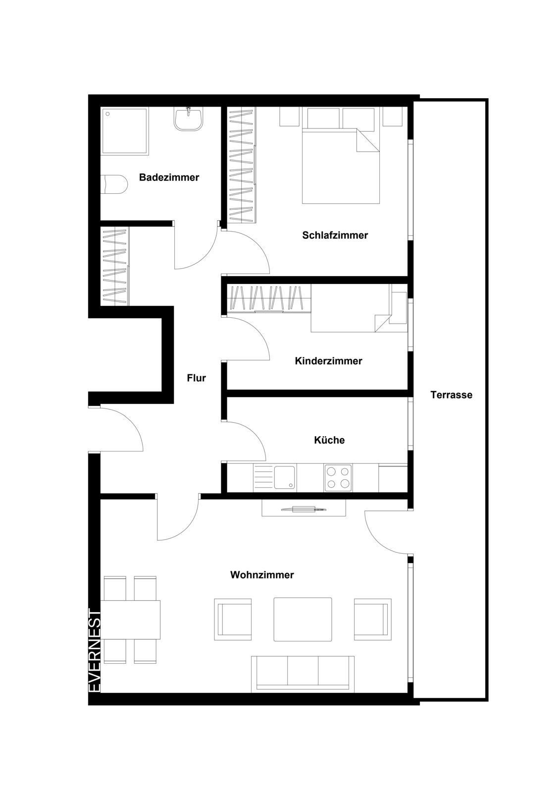 Grundriss einer Wohnung mit Wohnzimmer, Küche, Schlafzimmer, Kinderzimmer, Bad und Terrasse.