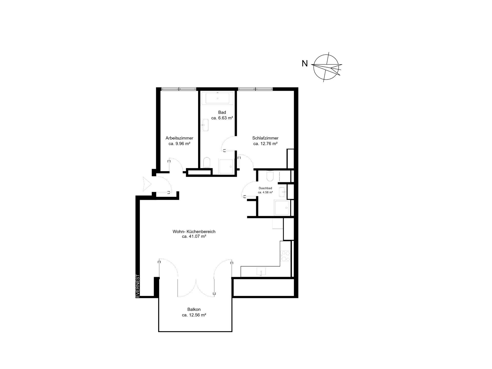 Grundriss einer Wohnung mit Wohnküche, Schlafzimmer, Bad, Arbeitszimmer und Balkon.