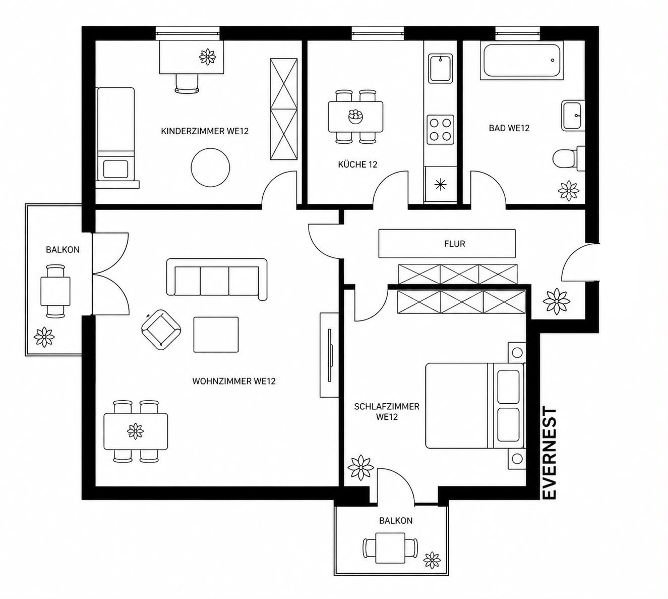 Grundriss einer Wohnung mit Wohnzimmer, Schlafzimmer, Kinderzimmer, Küche, Bad, Flur und zwei Balkonen.