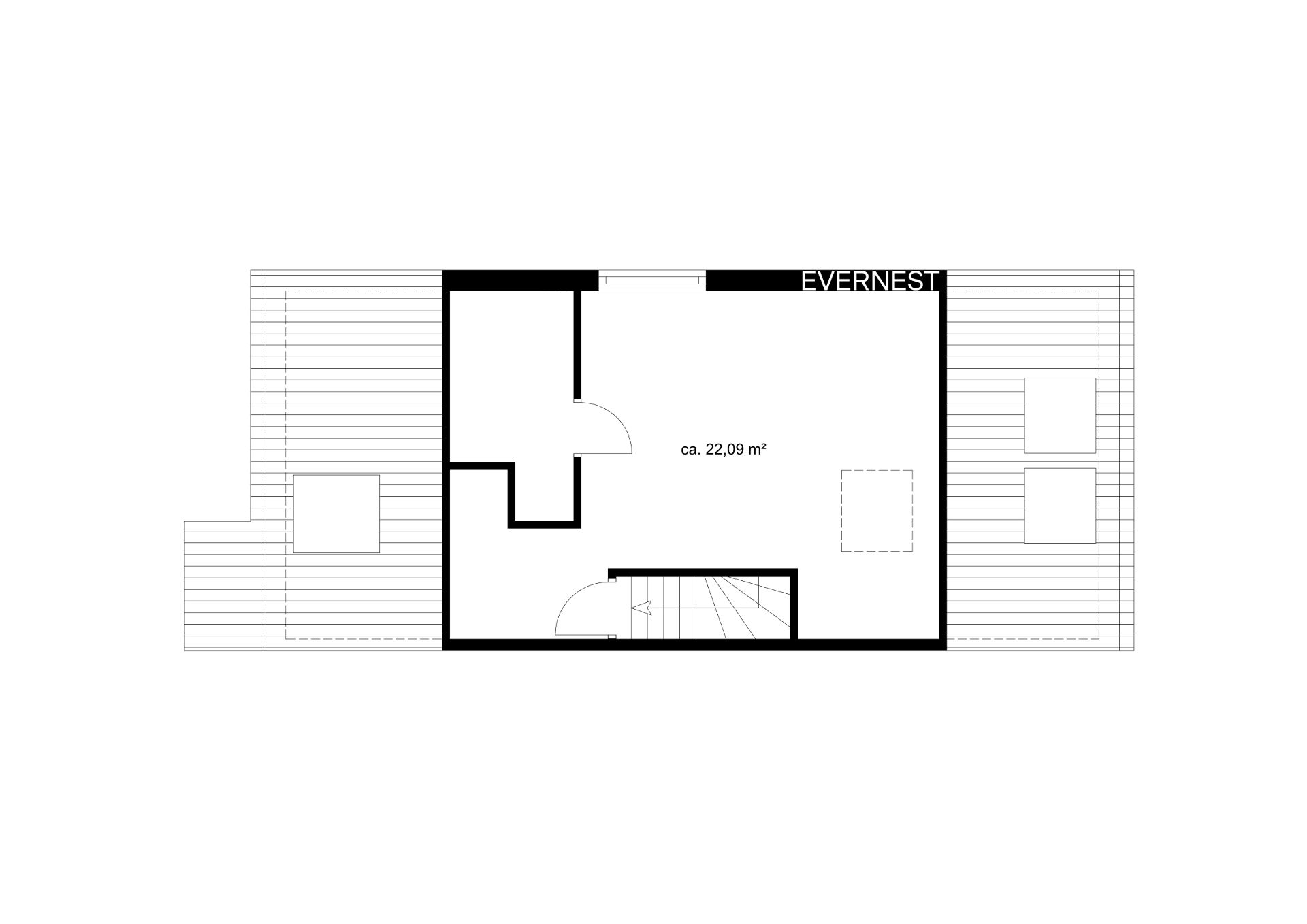 Grundriss mit einem Raum, einer kleinen Kammer und zwei Terrassenflächen.