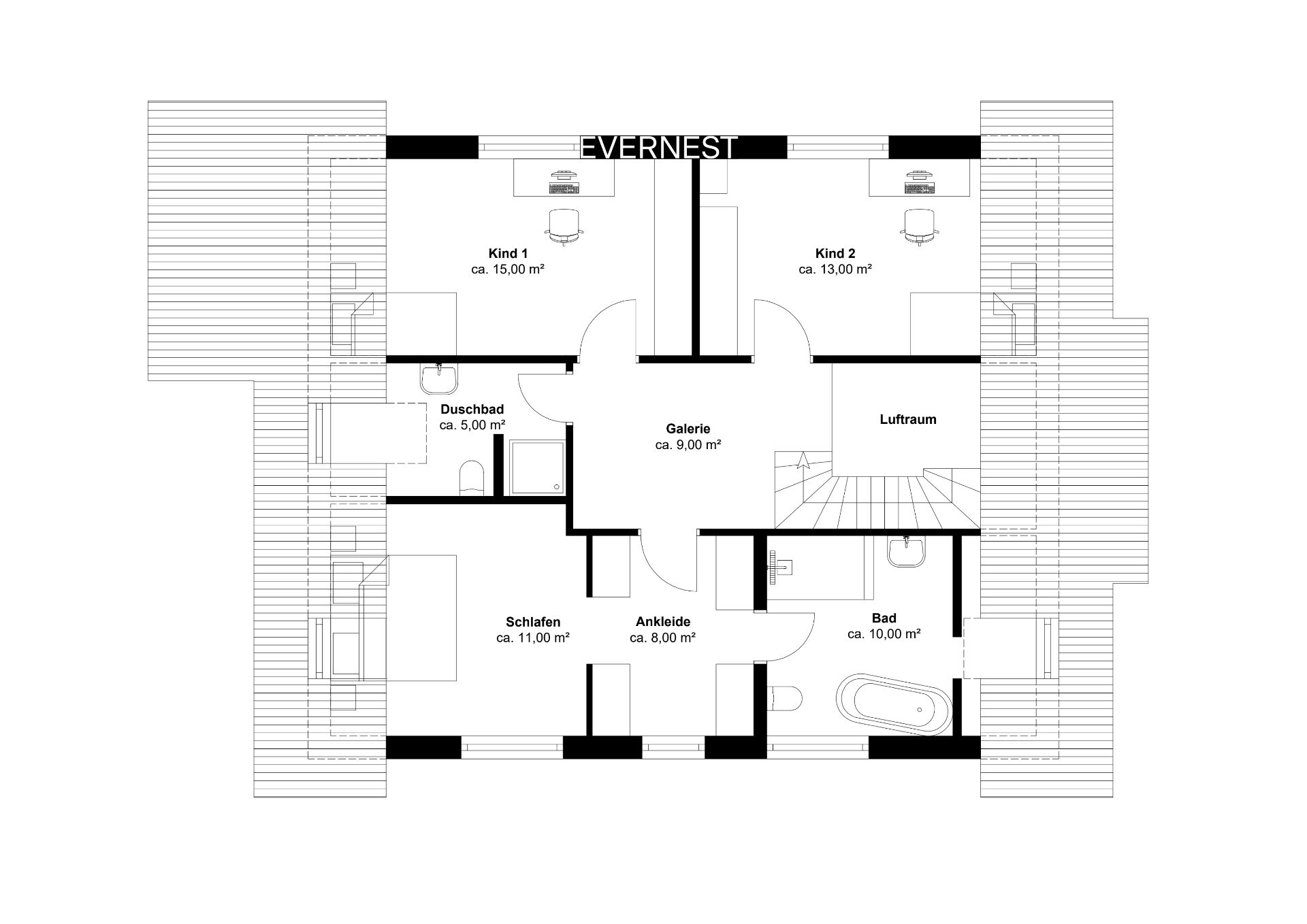 Grundriss eines Obergeschosses mit zwei Kinderzimmern, Schlafzimmer, Ankleide, zwei Bädern und Galerie.