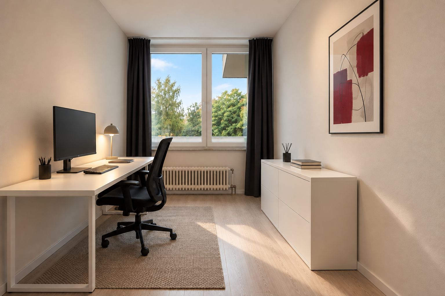 Helles Arbeitszimmer mit Schreibtisch, Bürostuhl, Monitor, Kommode und großem Fenster.