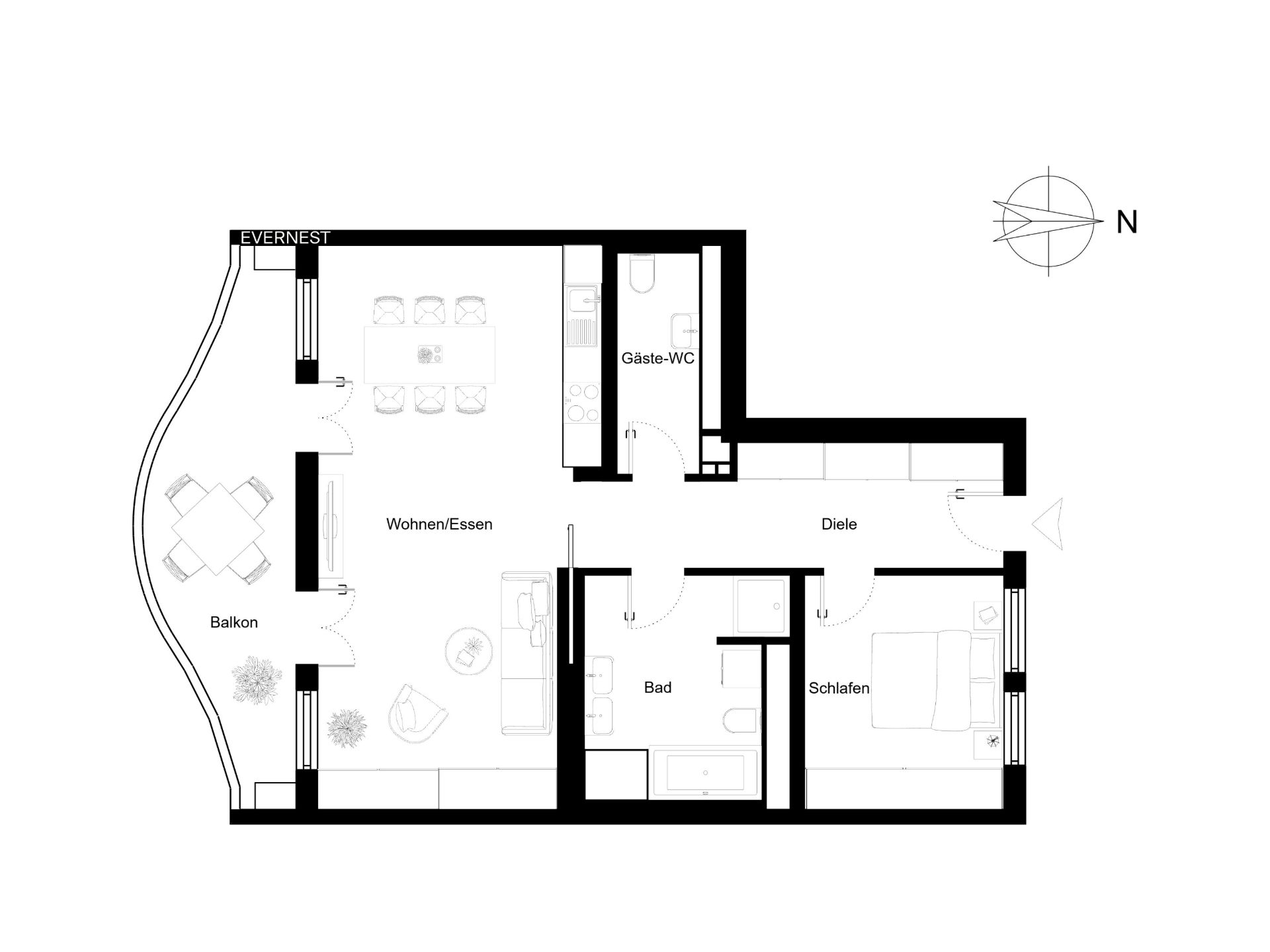 Grundriss einer Wohnung mit Balkon, Wohnzimmer, Schlafzimmer, Bad und Gäste-WC.