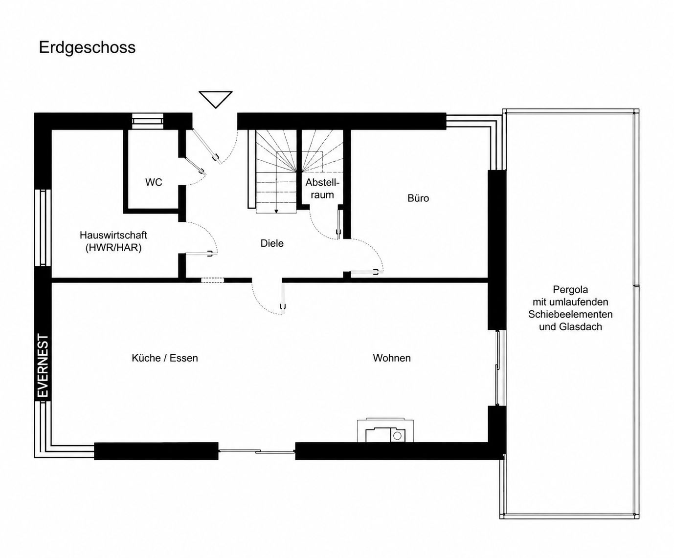 Grundriss des Erdgeschosses mit Küche, Wohnzimmer, Büro, WC und Pergola.