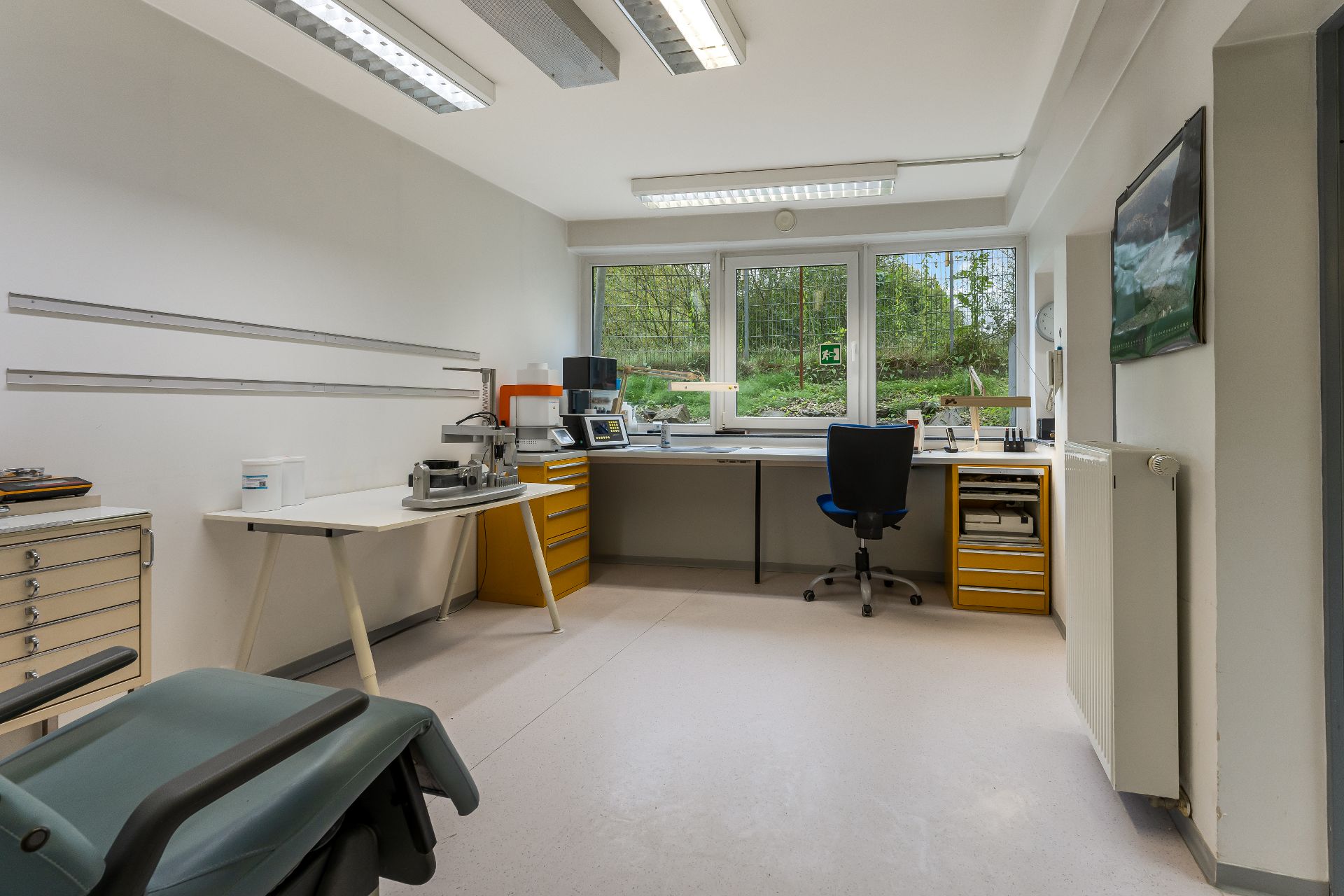Helles Arbeitszimmer mit Schreibtisch, Bürostuhl und großen Fenstern mit Blick ins Grüne.
