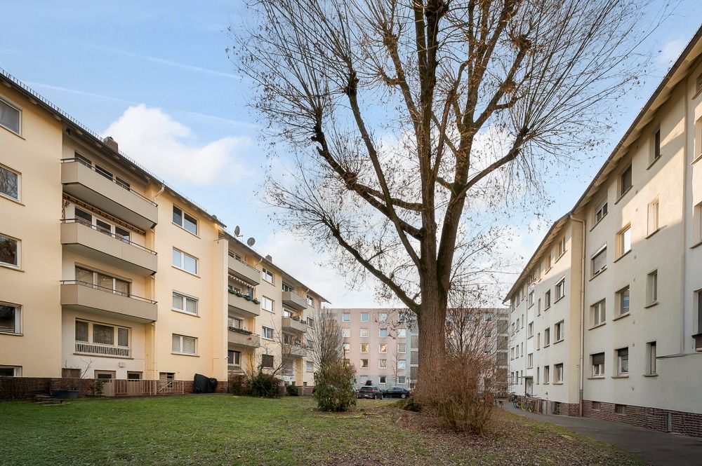 Innenhof mit Rasenfläche, Bäumen und mehrstöckigen Wohnhäusern an den Seiten.