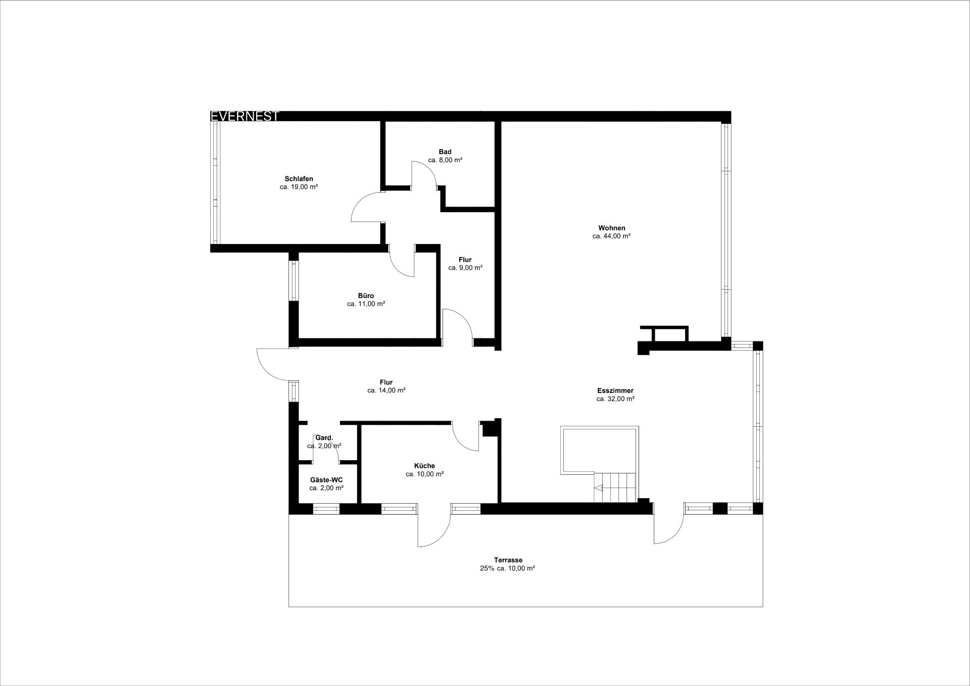 Grundriss einer Wohnung mit Schlafzimmer, Bad, Büro, Wohnzimmer, Esszimmer, Küche und Terrasse.