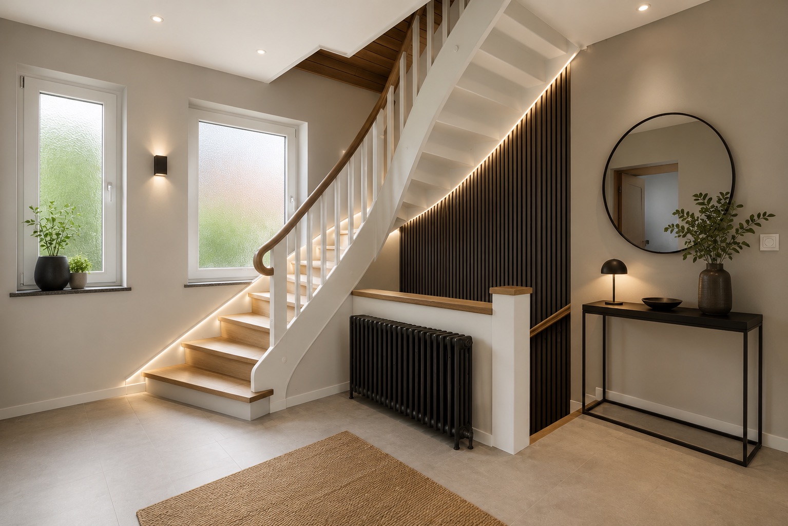 Heller Flur mit moderner Treppe, Konsole, Spiegel und Pflanzen, zwei Fenster.