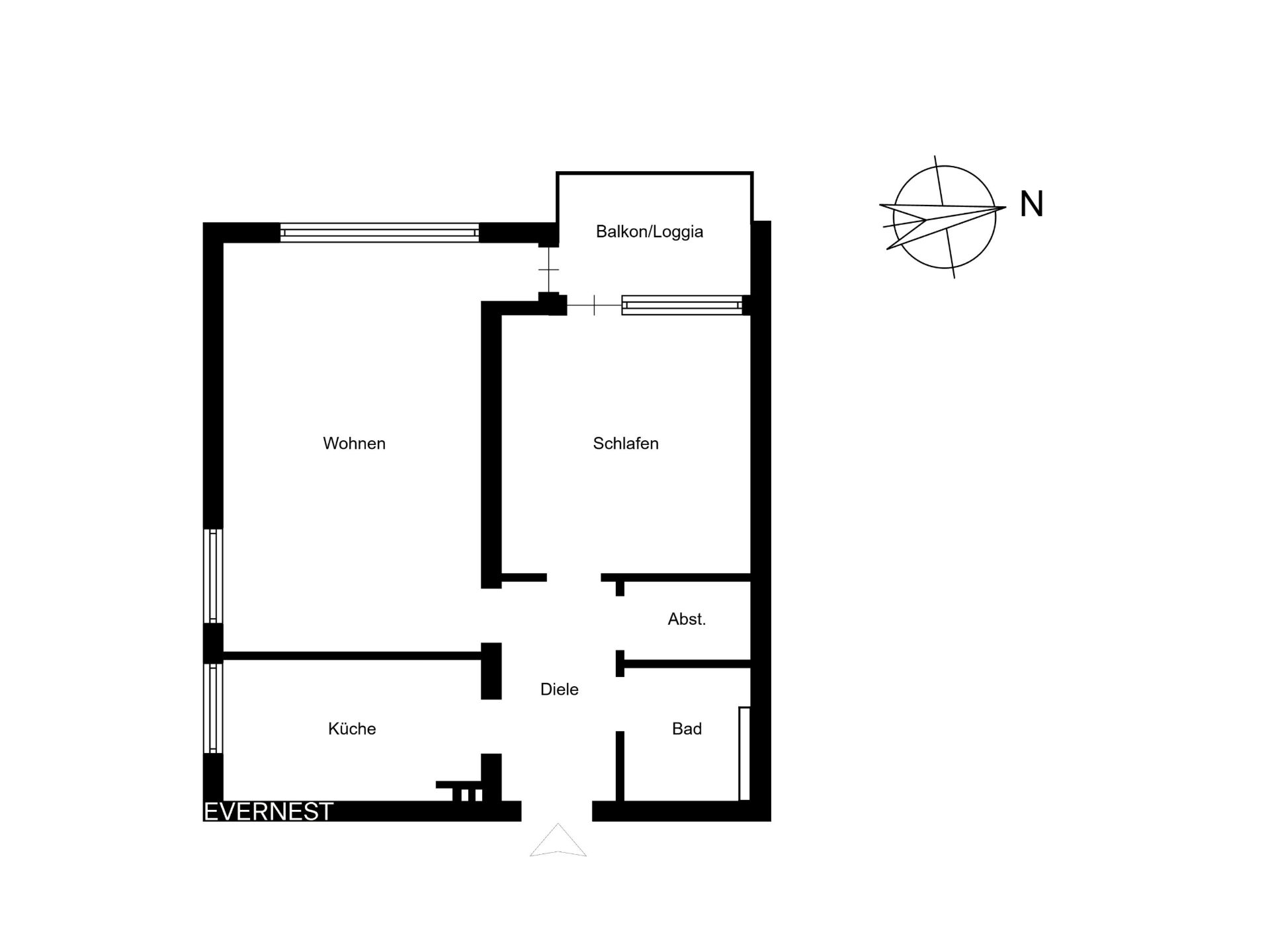 Wohnungsgrundriss mit Zimmern: Wohnen, Schlafen, Küche, Bad, Abstellraum, Diele und Balkon.