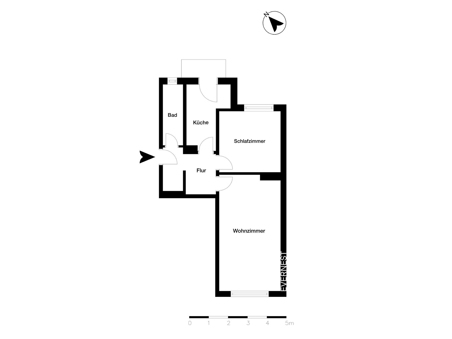 Grundriss mit Bad, Küche, Flur, Schlafzimmer und Wohnzimmer.