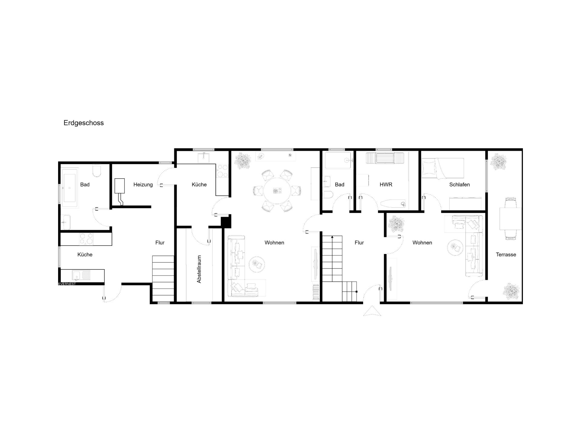 Grundriss des Erdgeschosses mit mehreren Zimmern, Küchen, Bädern, Wohnbereichen und Terrasse.