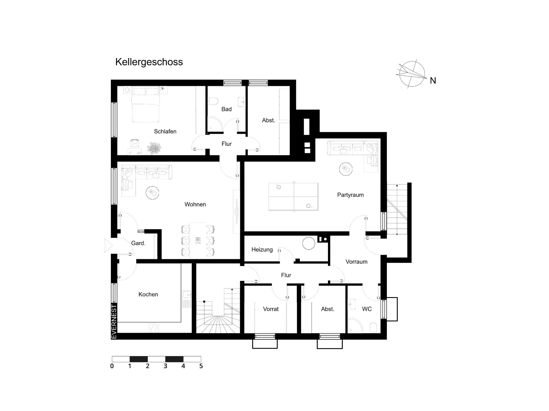 Grundriss eines Kellers mit Schlafzimmer, Bad, Wohnzimmer, Küche, Partykeller und mehreren Abstellräumen.