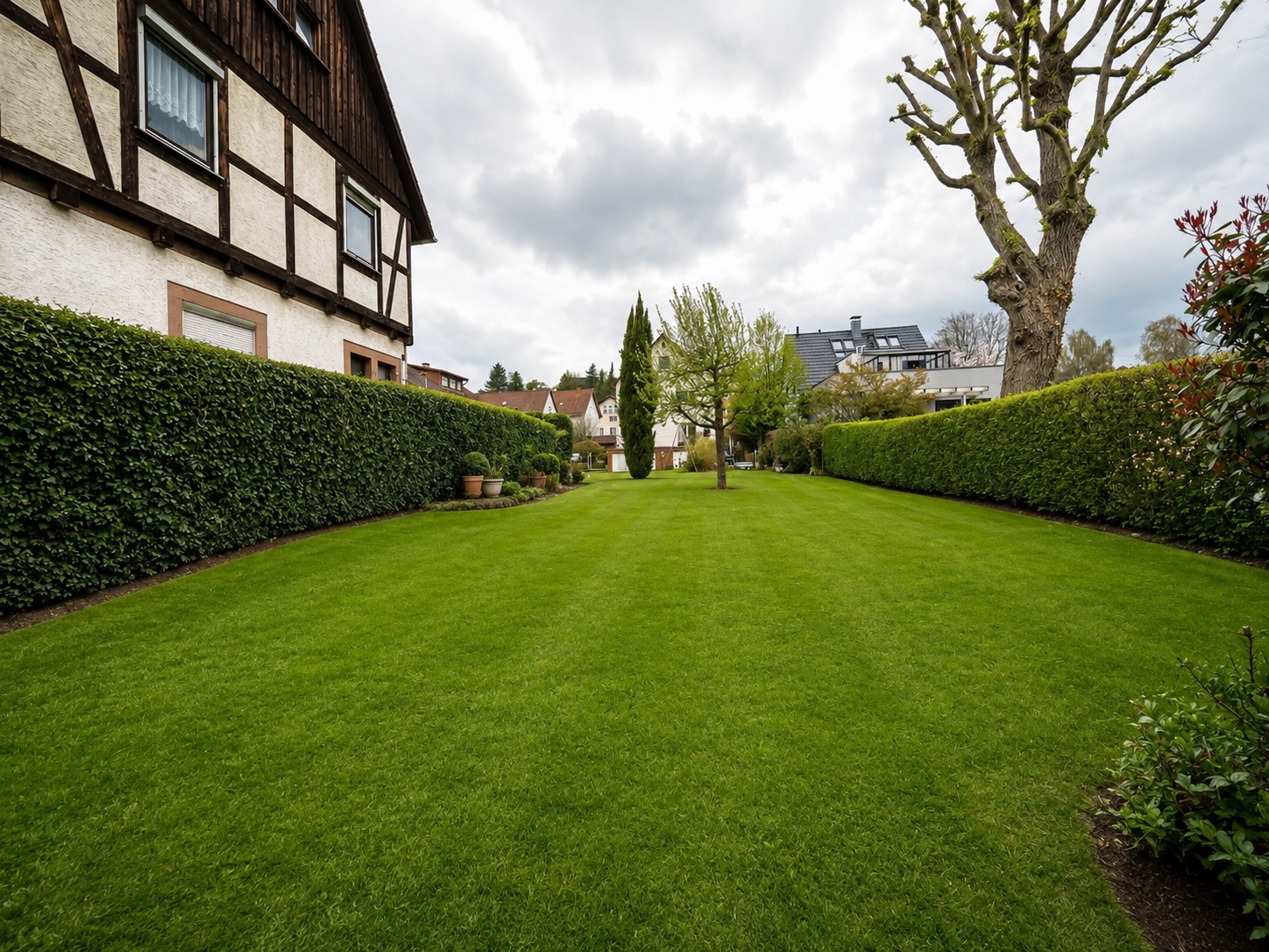 Großer, gepflegter Garten mit Rasen, Bäumen und Hecken neben einem Wohnhaus.