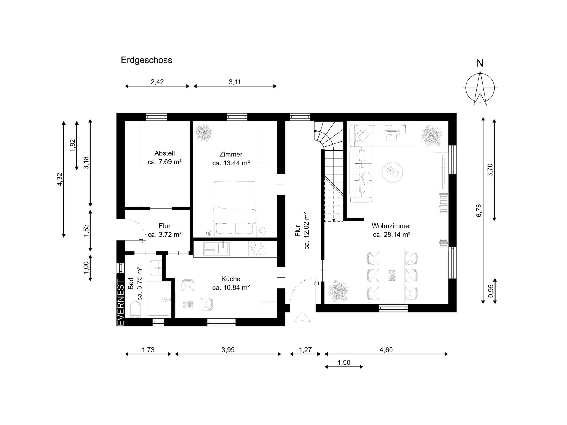 Grundriss des Erdgeschosses mit Wohnzimmer, Küche, Zimmer, Abstellraum und Flur.
