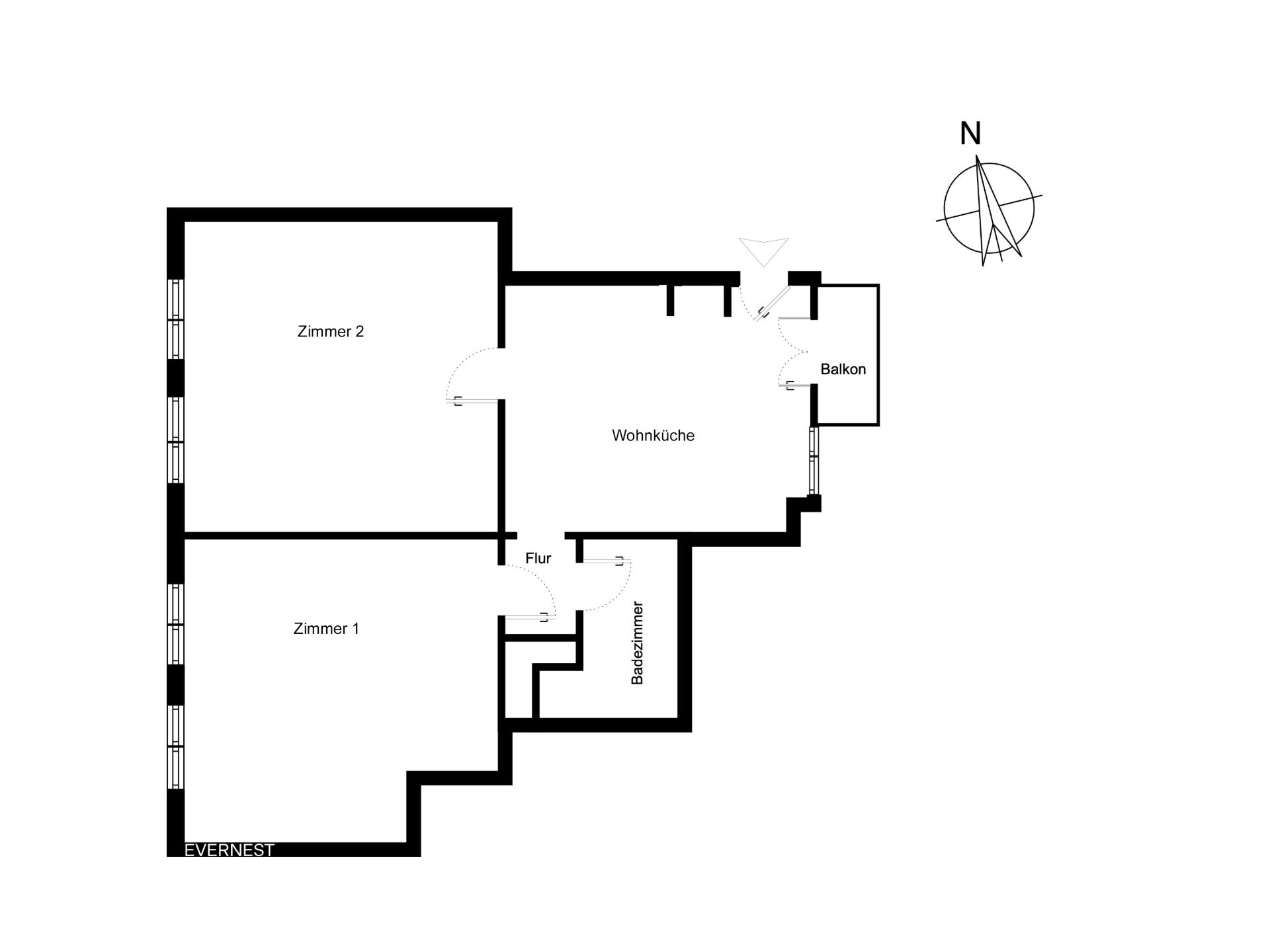 Wohnungsgrundriss mit zwei Zimmern, Wohnküche, Bad, Flur und Balkon.