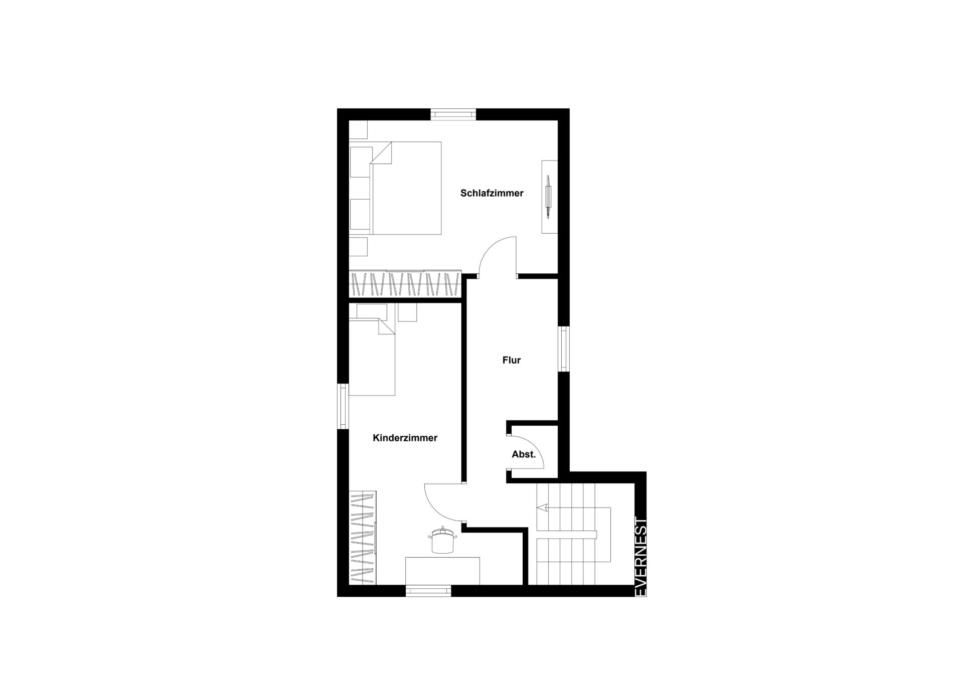 Grundriss mit Schlafzimmer, Kinderzimmer, Flur, Abstellraum und Treppe.
