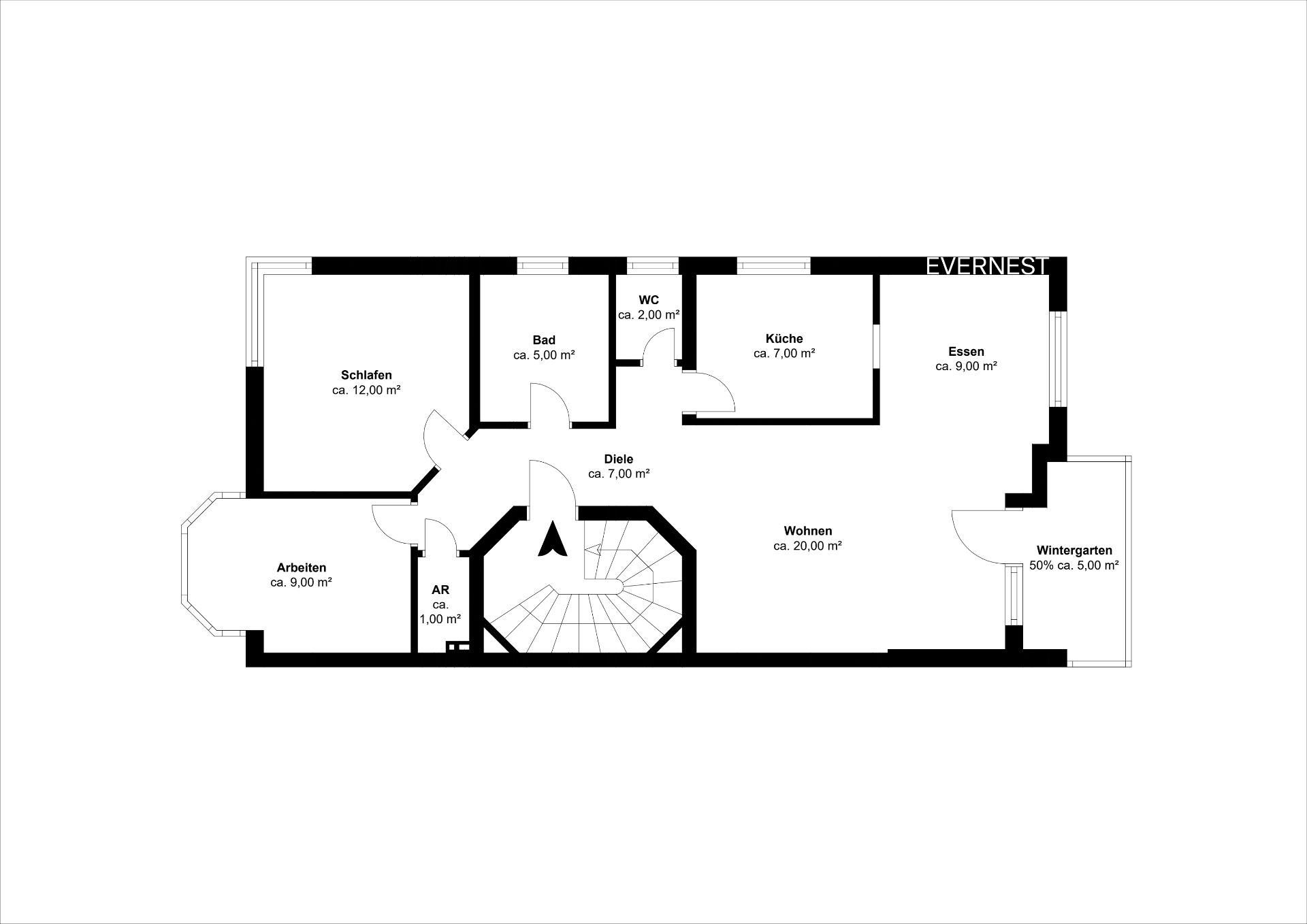 Grundriss einer Wohnung mit Schlaf-, Wohn-, Arbeitszimmer, Küche, Bad, WC, Abstellraum und Wintergarten.