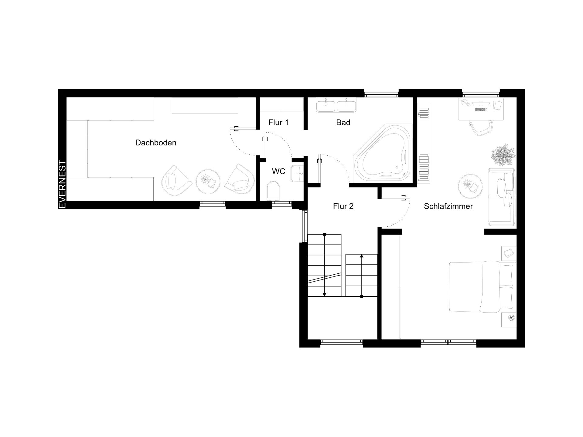 Grundriss mit Schlafzimmer, Bad, WC, Fluren, Treppe und Dachboden.
