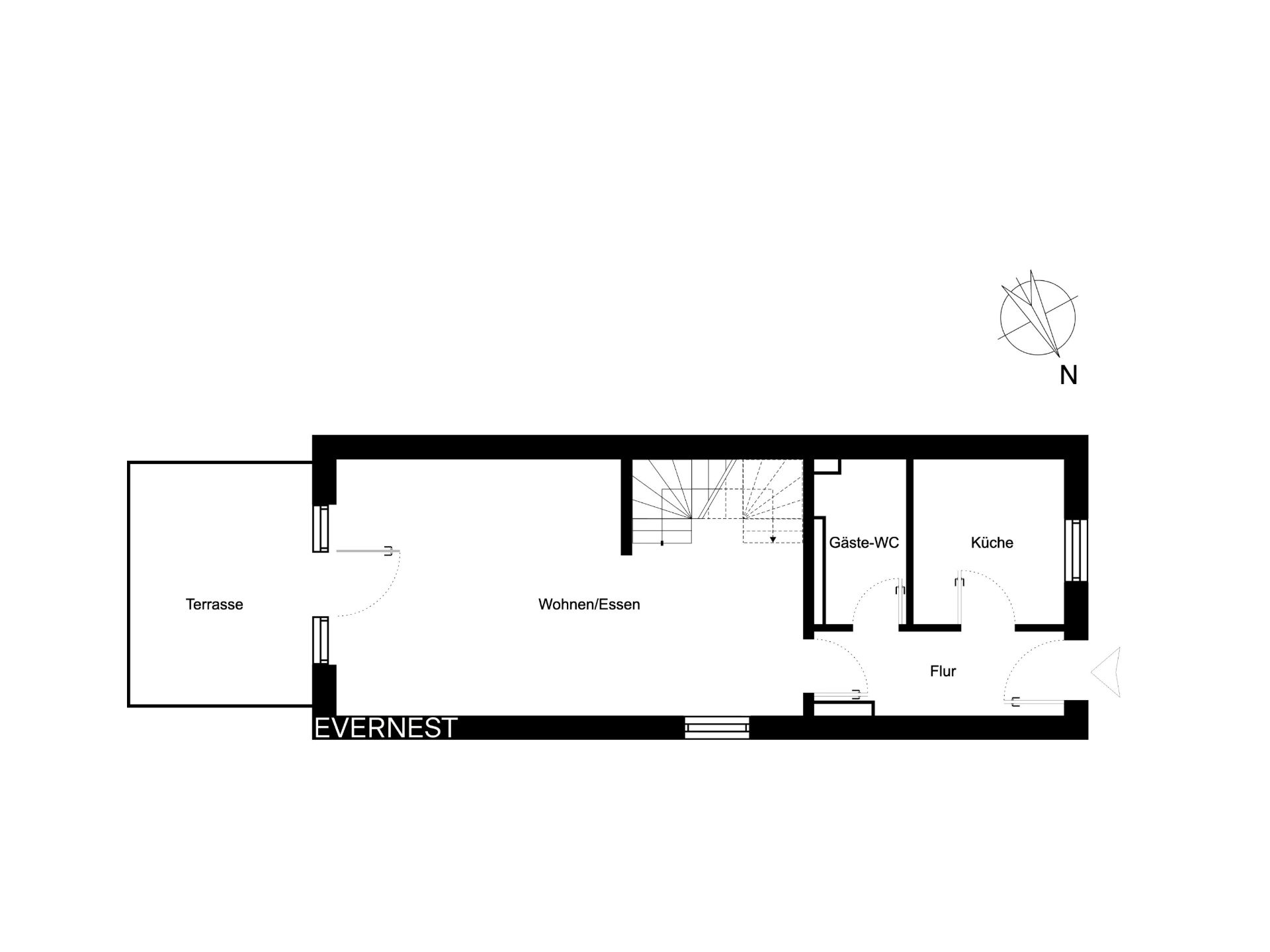Grundriss mit Terrasse, Wohnbereich, Gäste-WC, Küche und Flur.