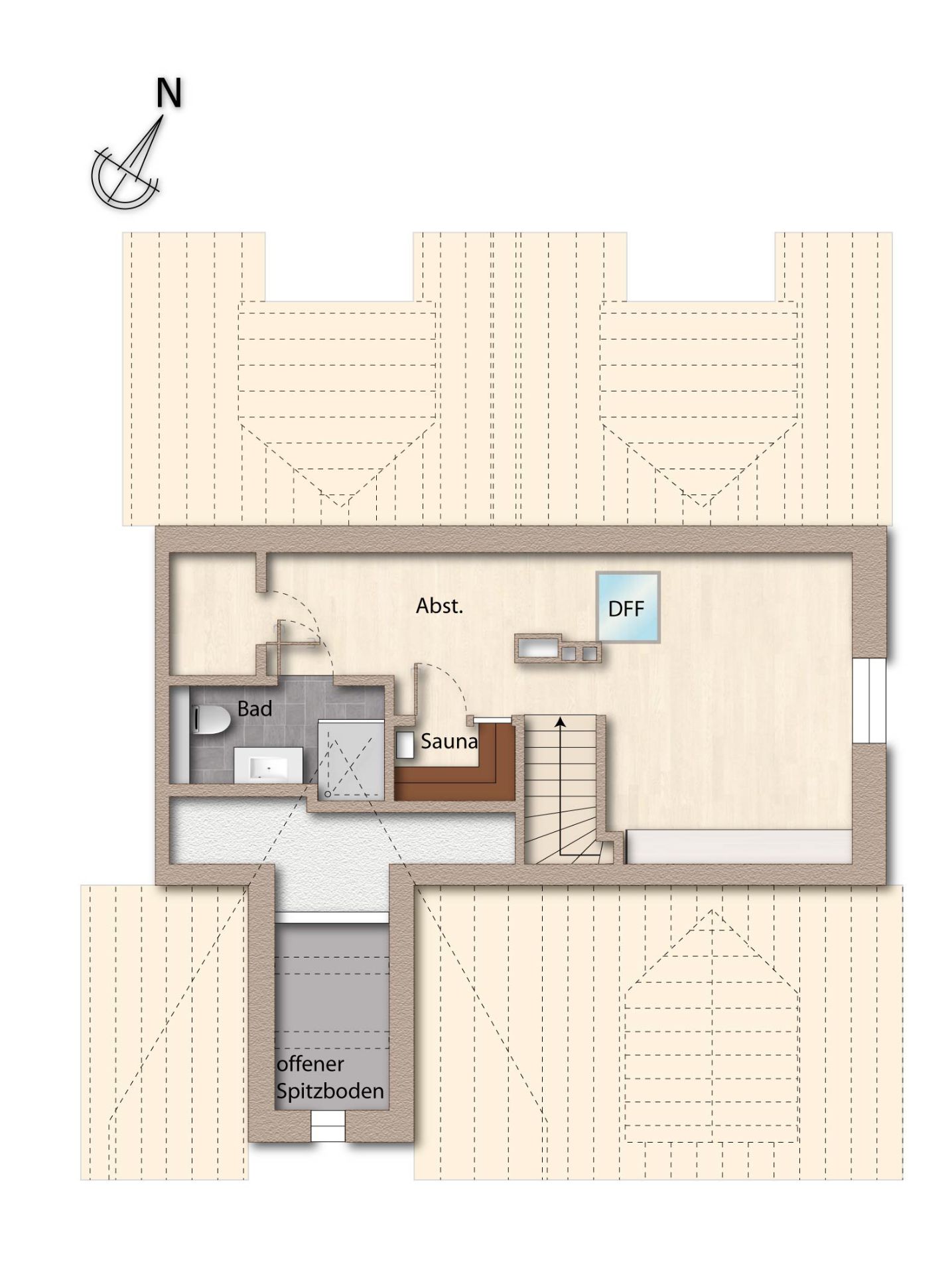 Grundriss eines Dachgeschosses mit Bad, Sauna, Abstellraum und offenem Spitzboden.