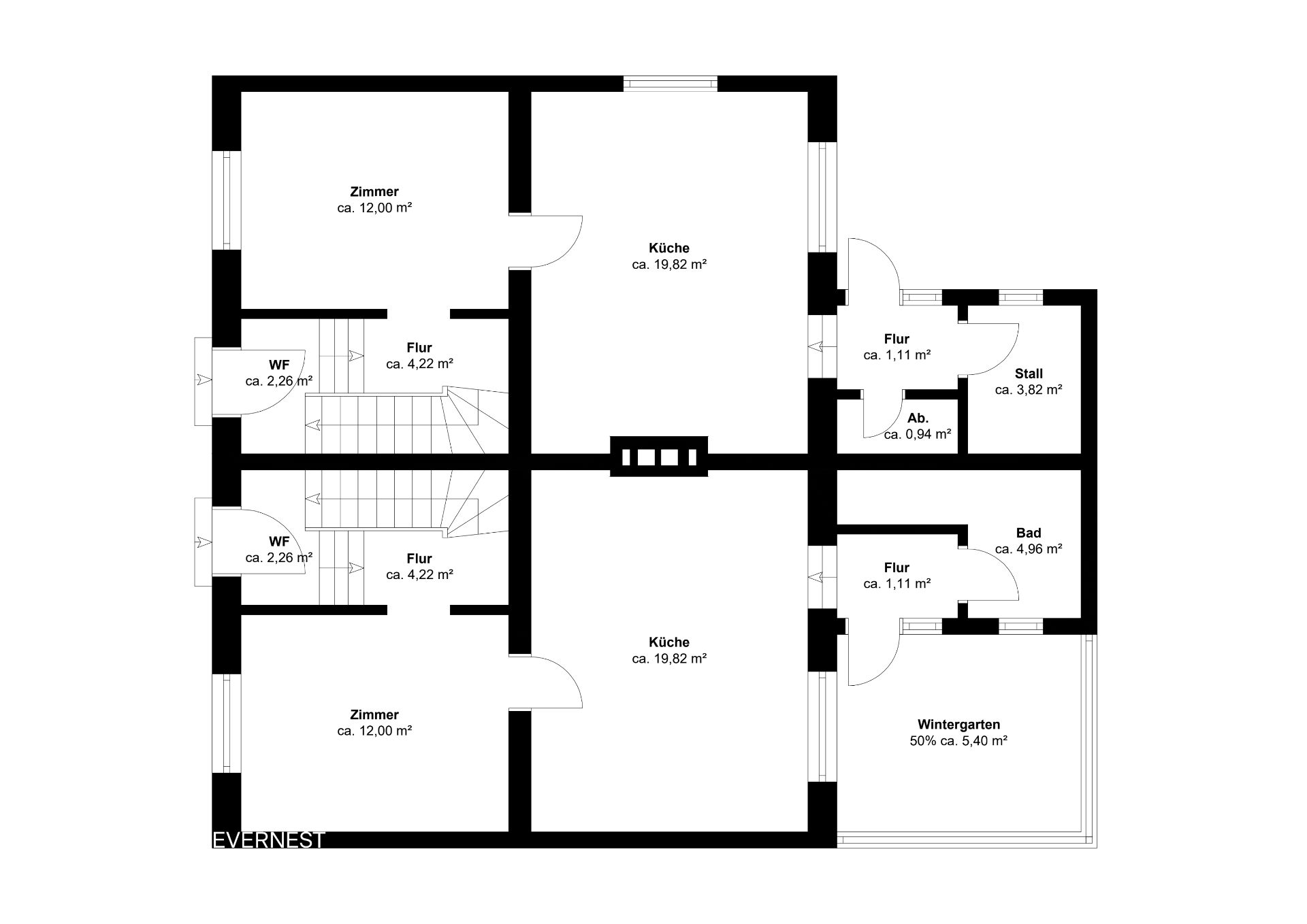 Grundriss mit Zimmern, Küche, Bad, Wintergarten, Fluren, Abstellraum und Stall.