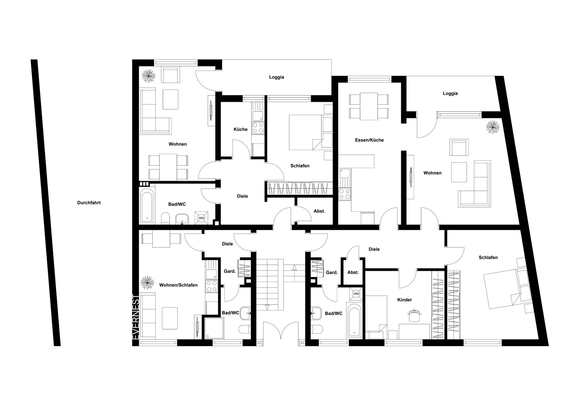 Grundriss einer Wohnung mit mehreren Zimmern, Bädern, Küche, Wohnzimmer und Balkon.