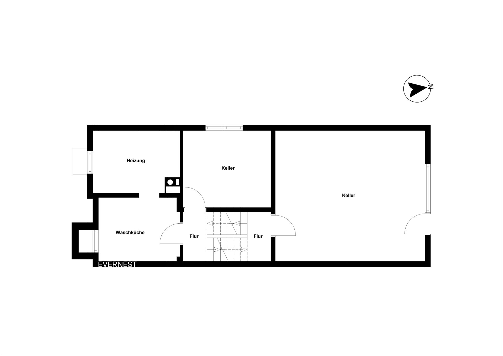 Grundriss eines Kellers mit Heizungsraum, Waschküche, Fluren und zwei Kellerräumen.