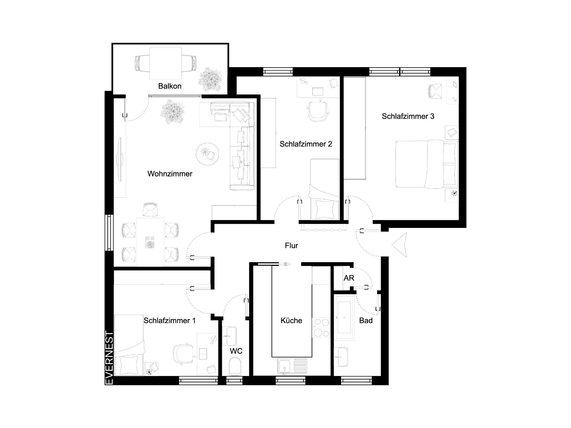 Grundriss einer Wohnung mit drei Schlafzimmern, Wohnzimmer, Küche, Bad, WC, Abstellraum und Balkon.