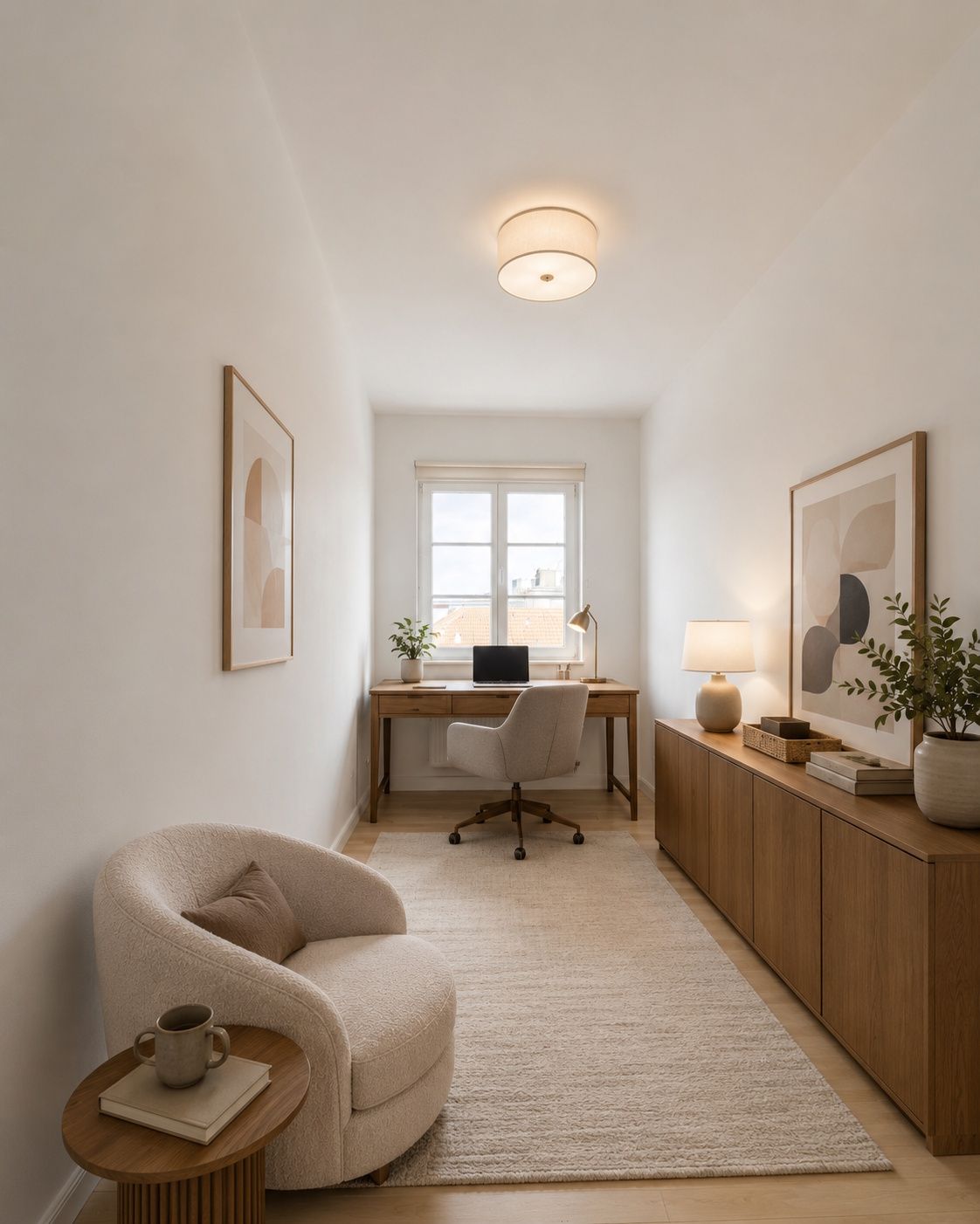 Helles Arbeitszimmer mit Schreibtisch am Fenster, Regal, Sessel und dekorativen Pflanzen.