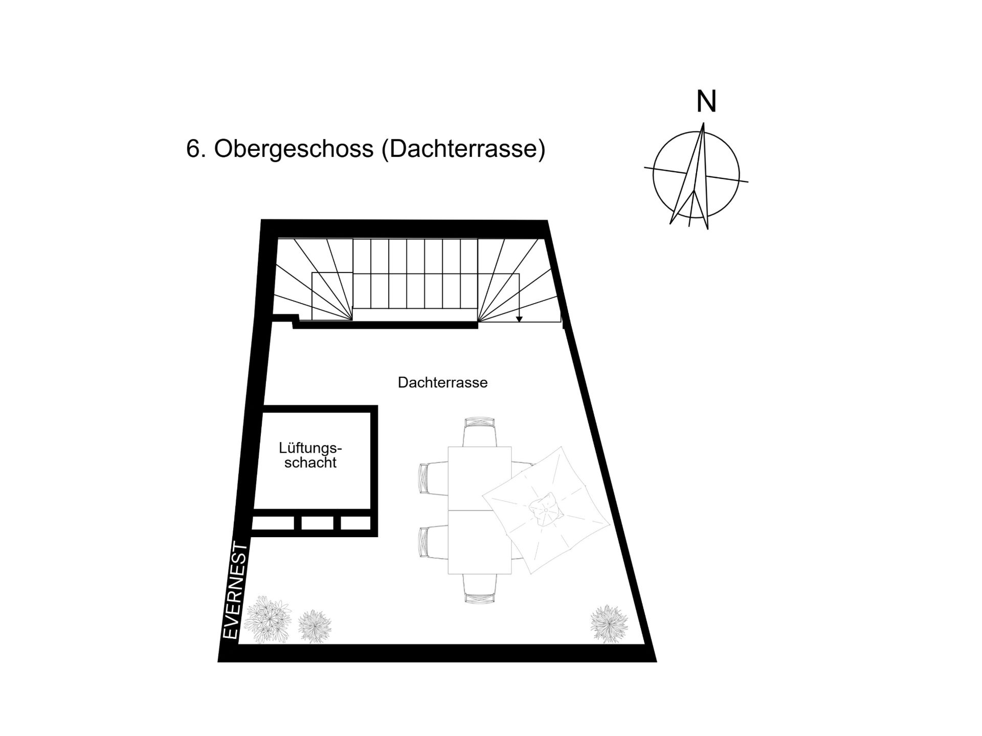 Grundriss einer Dachterrasse mit Tisch, Stühlen, Sonnenschirm und Lüftungsschacht.