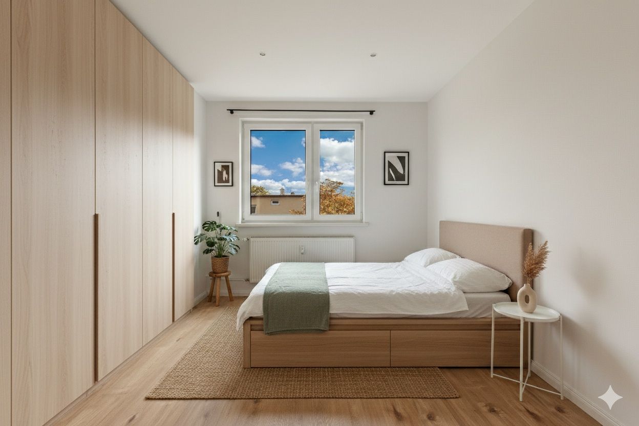 Modernes Schlafzimmer mit Holzschrank, Doppelbett und Fenster mit Blick nach draußen.