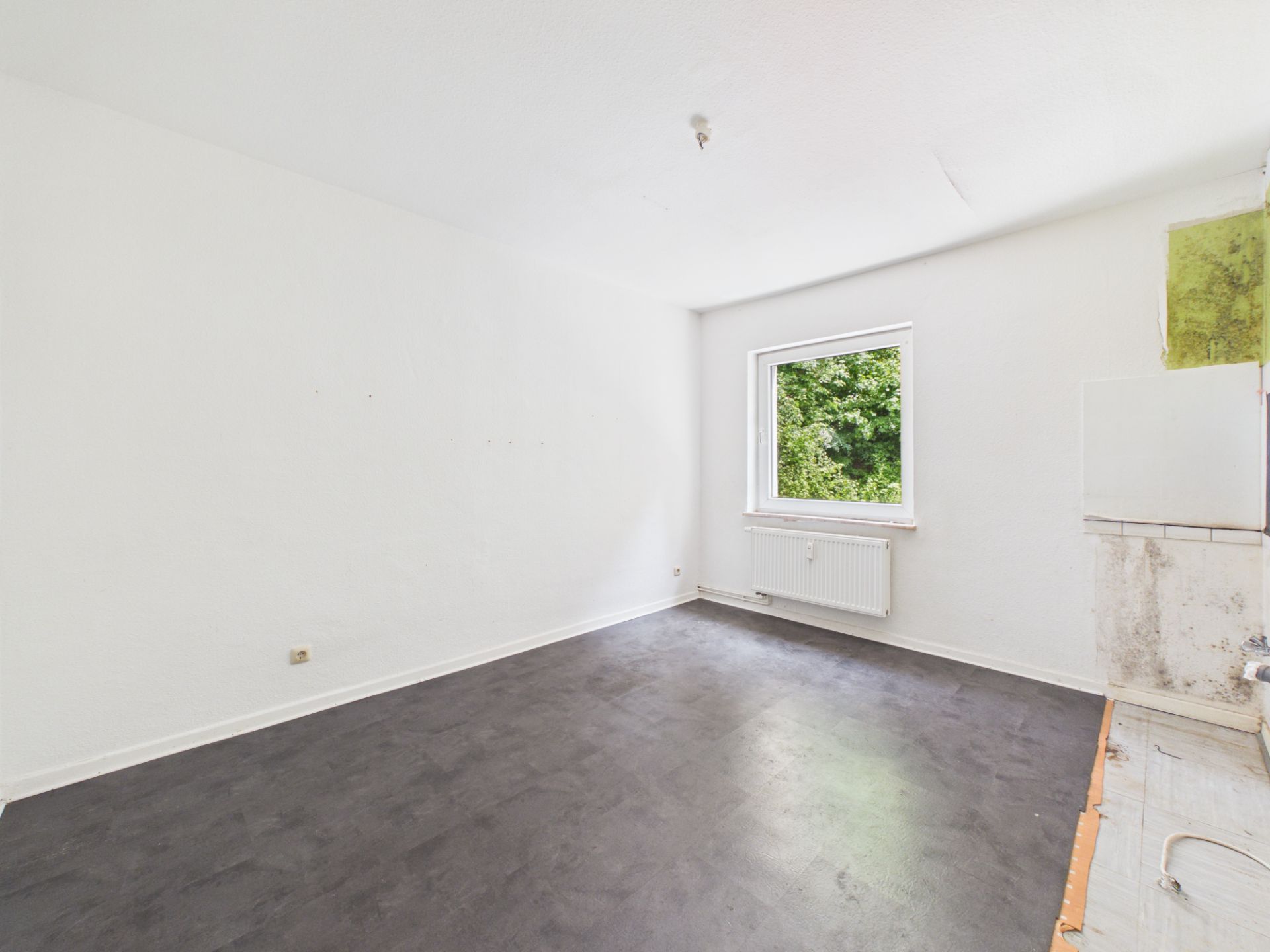 Leeres Zimmer mit weiß gestrichenen Wänden, Fenster und sichtbarem Heizkörper.