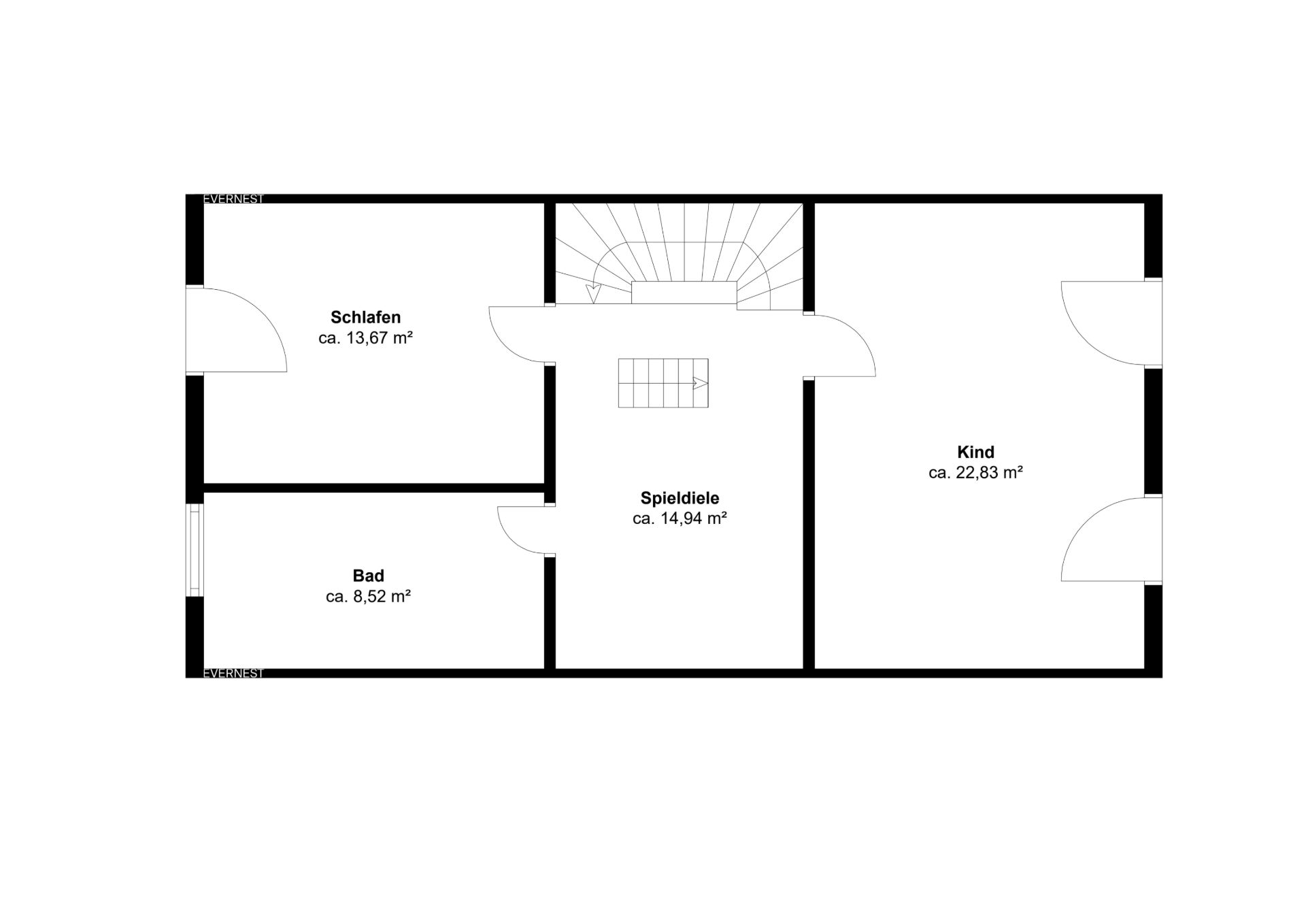Grundriss mit Schlafzimmer, Bad, Kinderzimmer und Spielflur, jeweils mit Quadratmeterangaben.
