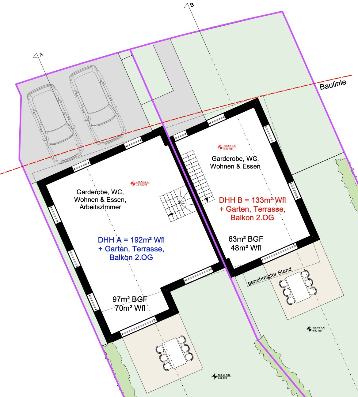 Grundriss von zwei nebeneinanderliegenden Doppelhaushälften mit Garten, Terrasse und Parkplätzen.