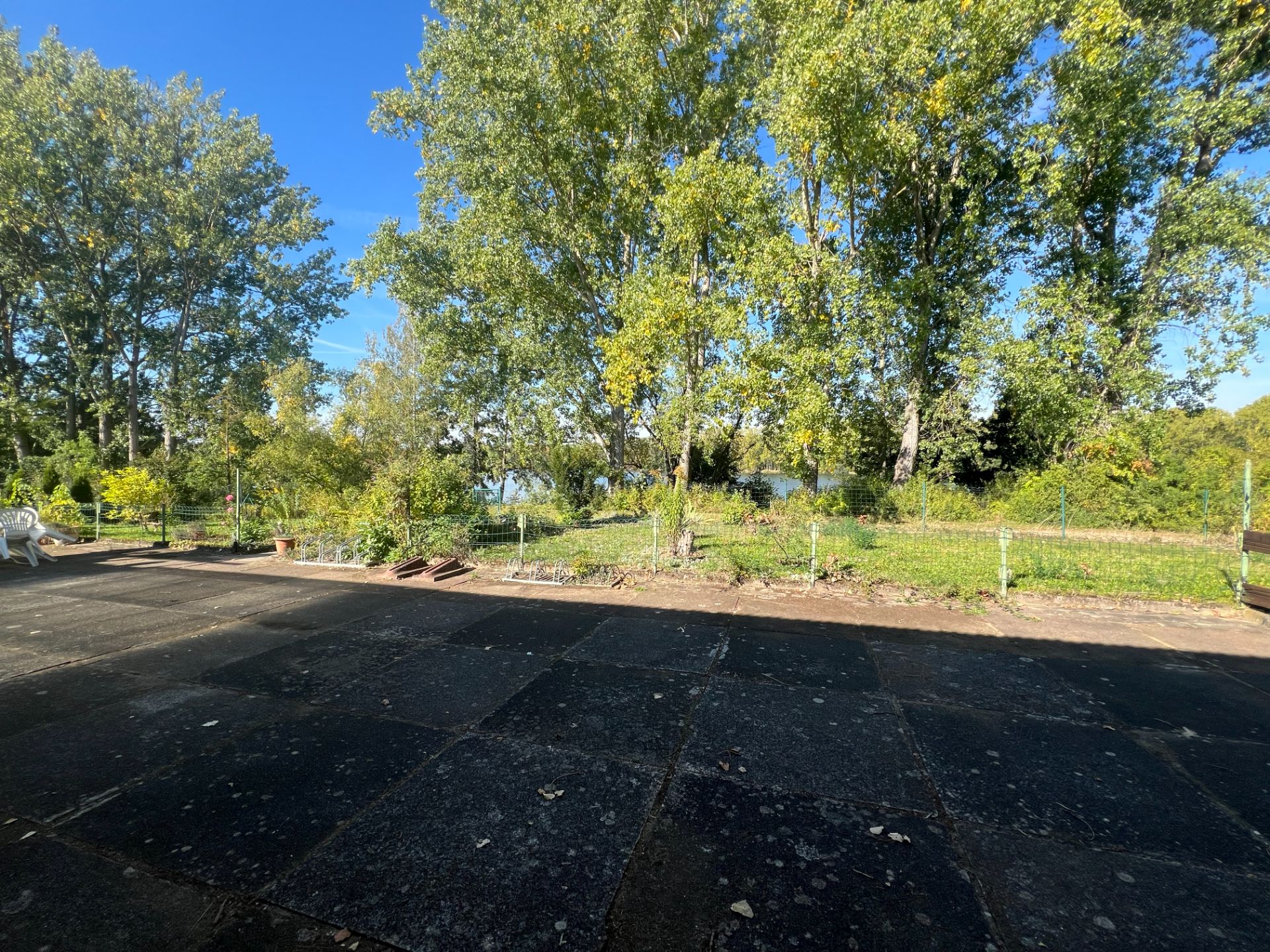 Große Terrasse mit Blick auf grüne Bäume und Garten bei sonnigem Wetter.